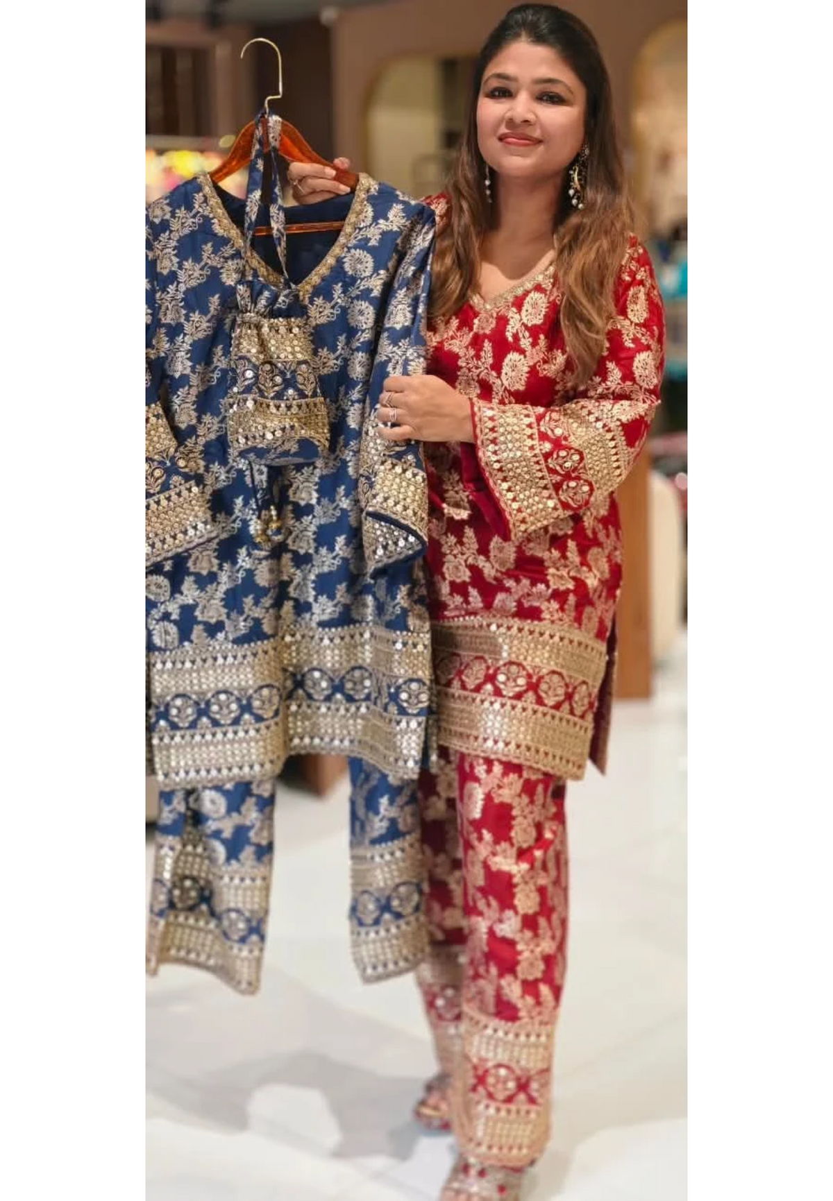 Royal Gold Foil Floral Printed Brocade Kurta Set with Heavily Embroidered Borders, Wide-Leg Palazzo Pants & Matching Potli Bag- 16868