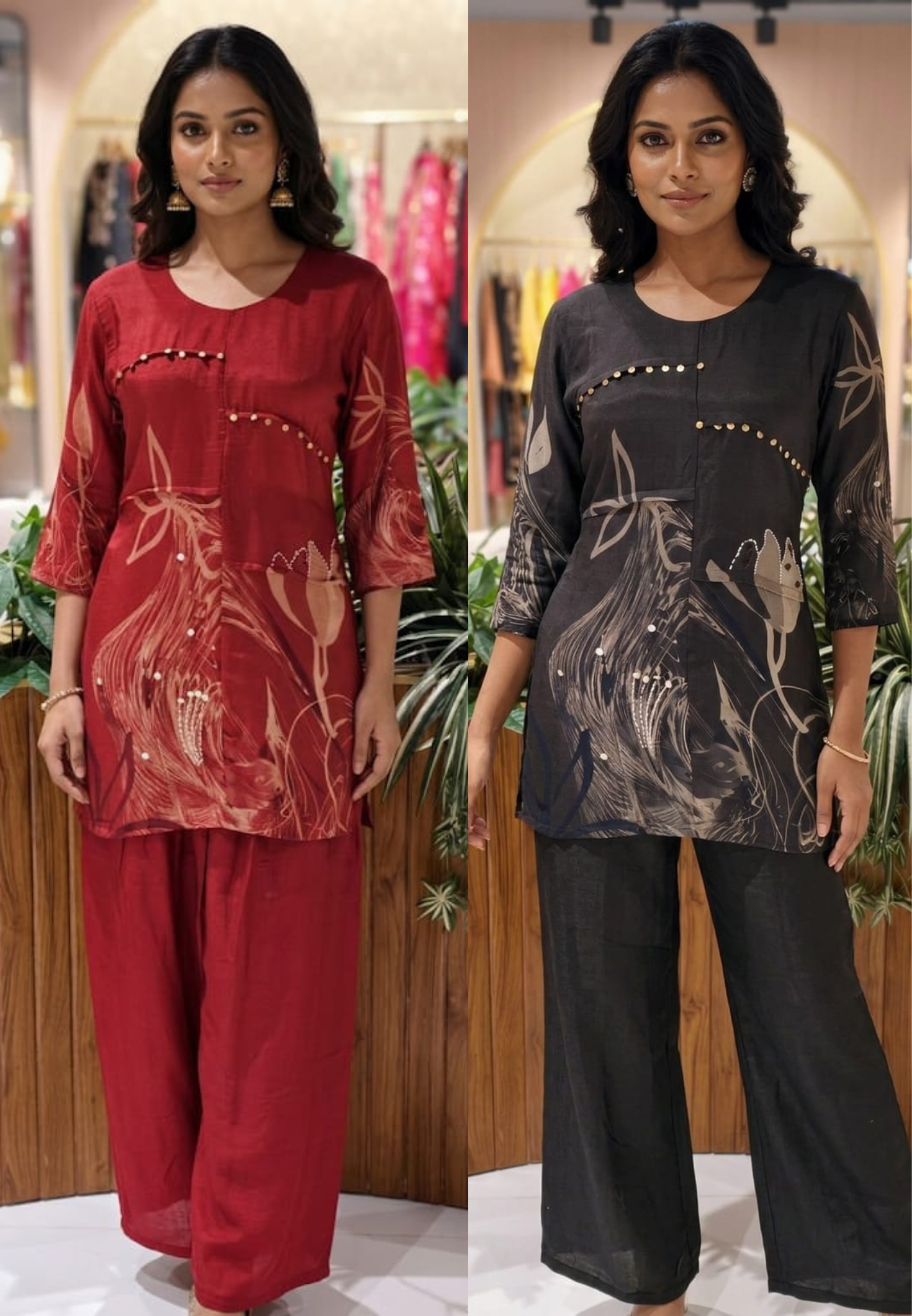 Stylish Matching Co-Ord Set With Coin Tassel & Printed Work In Muslin Fabric- 13653