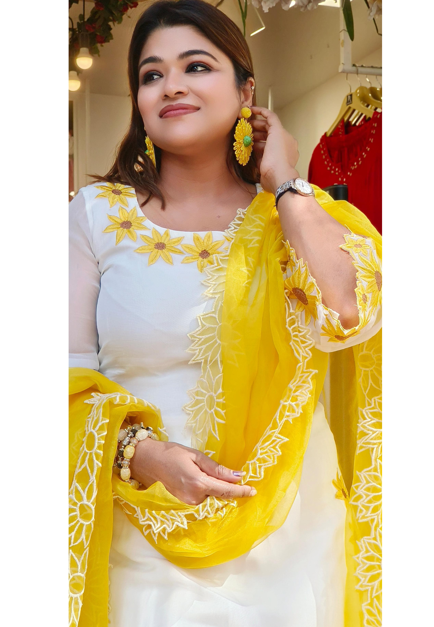 Stylish Organza Kurta with Sunflower Embroidery, Coordinated Pant, and Organza Dupatta (Dispatching will be after 20 days only on orders)-08428