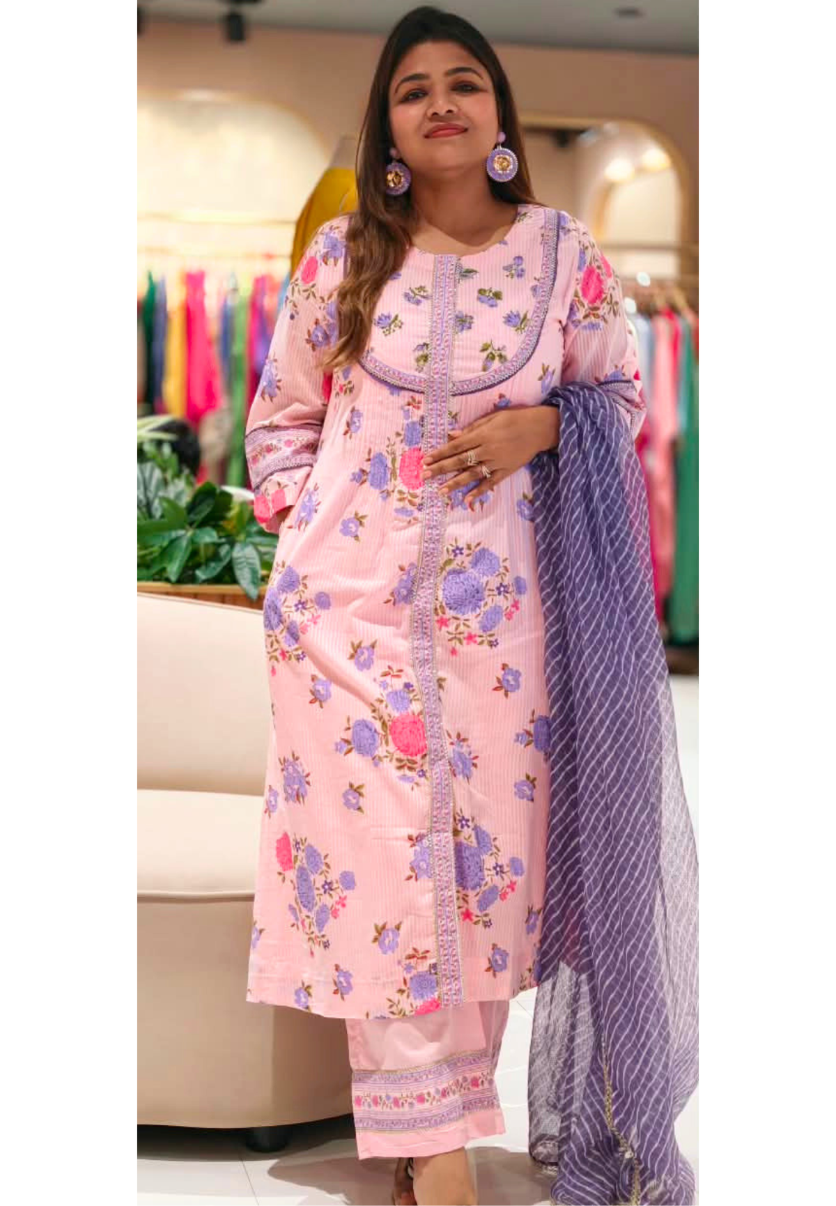 Beautiful Patterened Embroidered Pastel Pink Floral Print A-Line Cotton Full Suit Set with Kota Doria Dupatta-16672