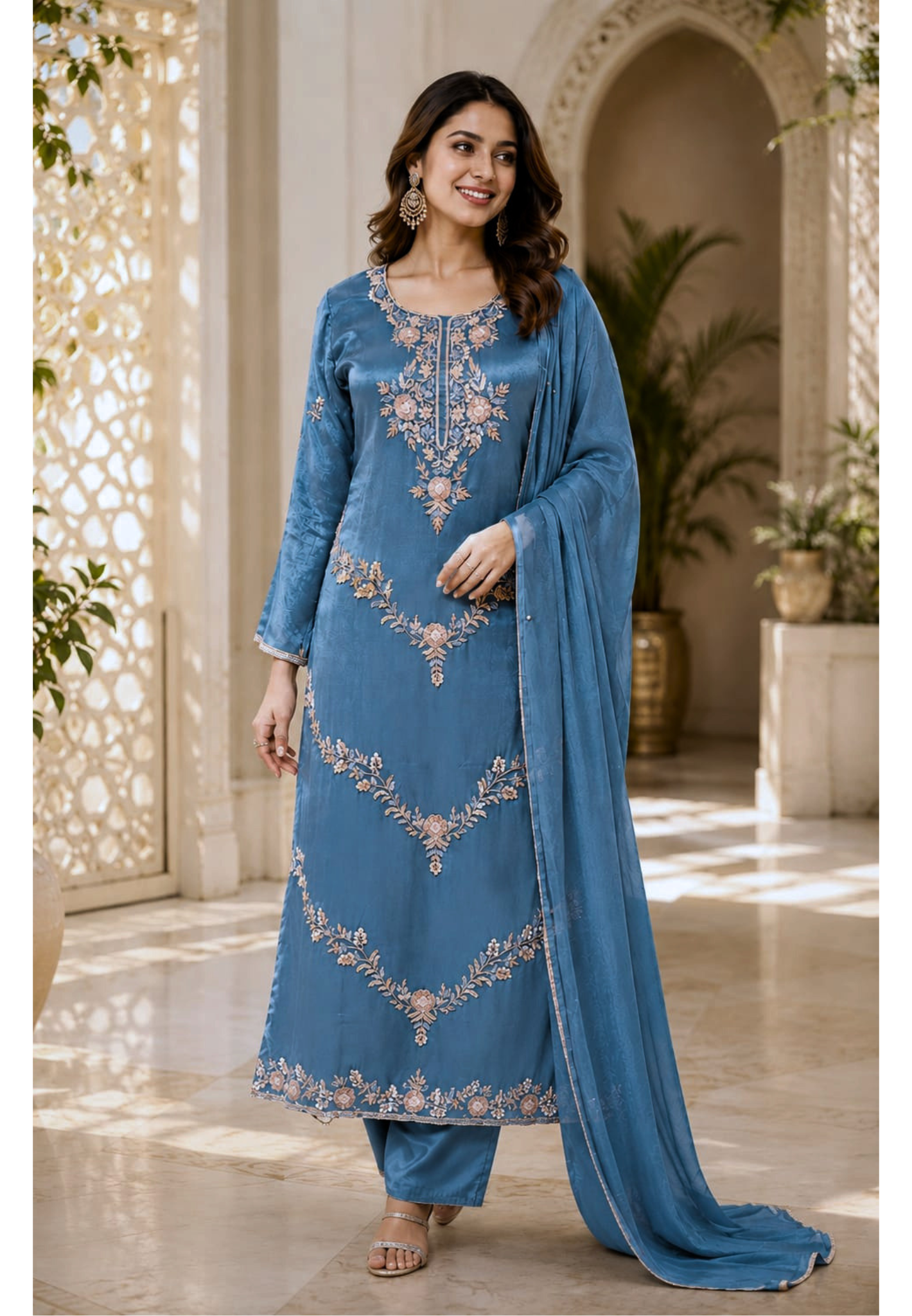 Pure Chinon Pakistani Style Elegant Handwork Embroidered Full Suit Set With Dupatta