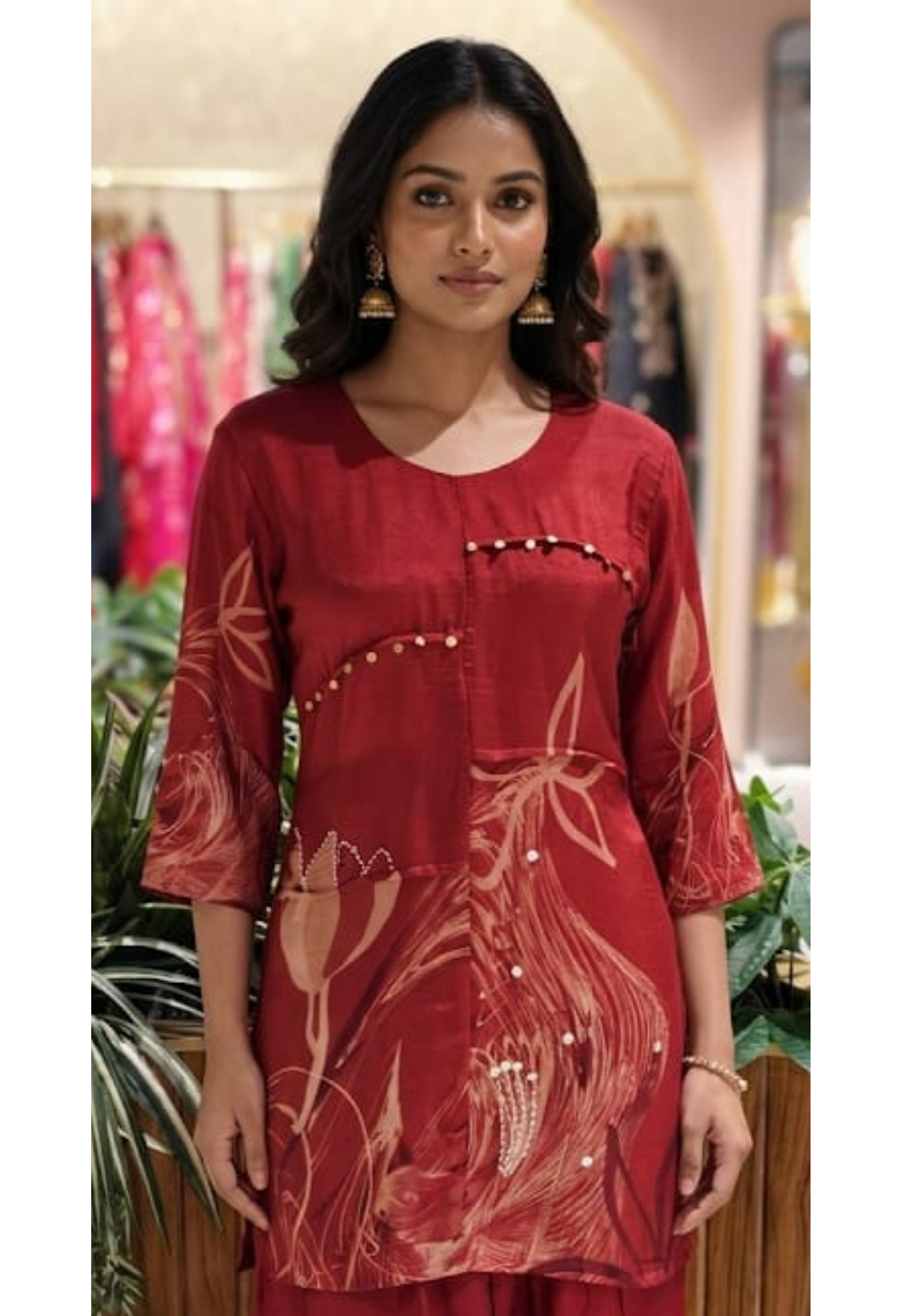 Stylish Matching Co-Ord Set With Coin Tassel & Printed Work In Muslin Fabric- 13653