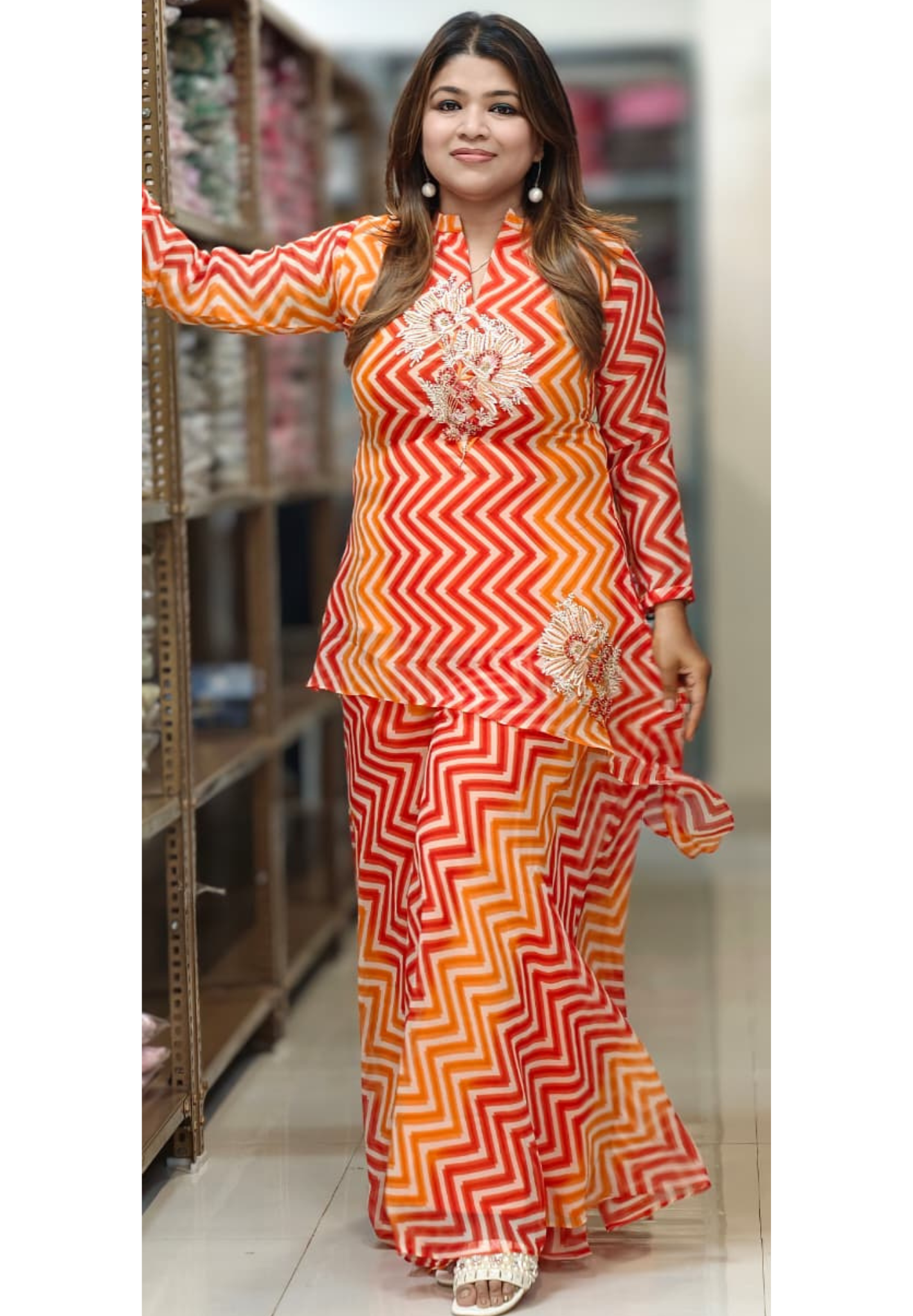 Chevron Leheriya Print Asymmetric Peplum One Side High & Low Top and Palazzo Set with Floral Zardosi Embroidery- 15429