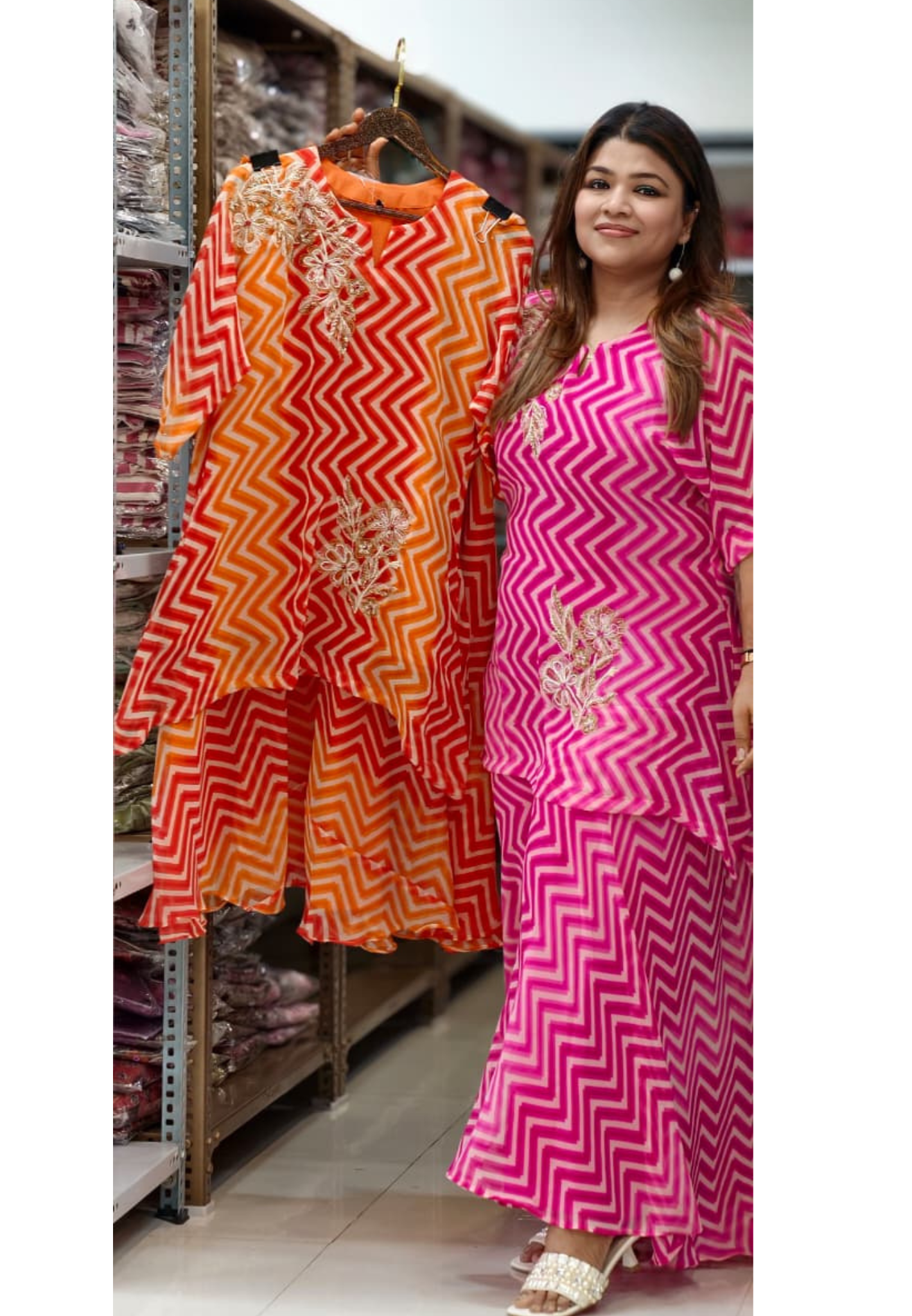 Zig-Zag Leheriya Print Peplum High & Low Top and Palazzo Set with Zardosi Floral Embroidery- 15428