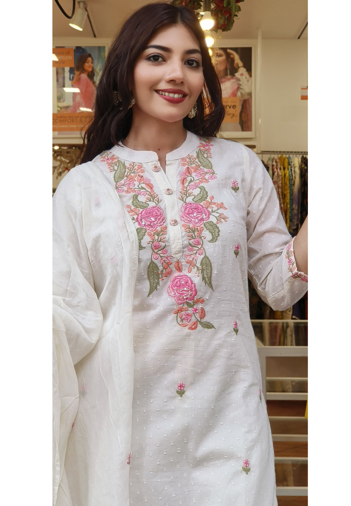 Thread Embroidered white Cotton Full suit set with Dupatta -09344