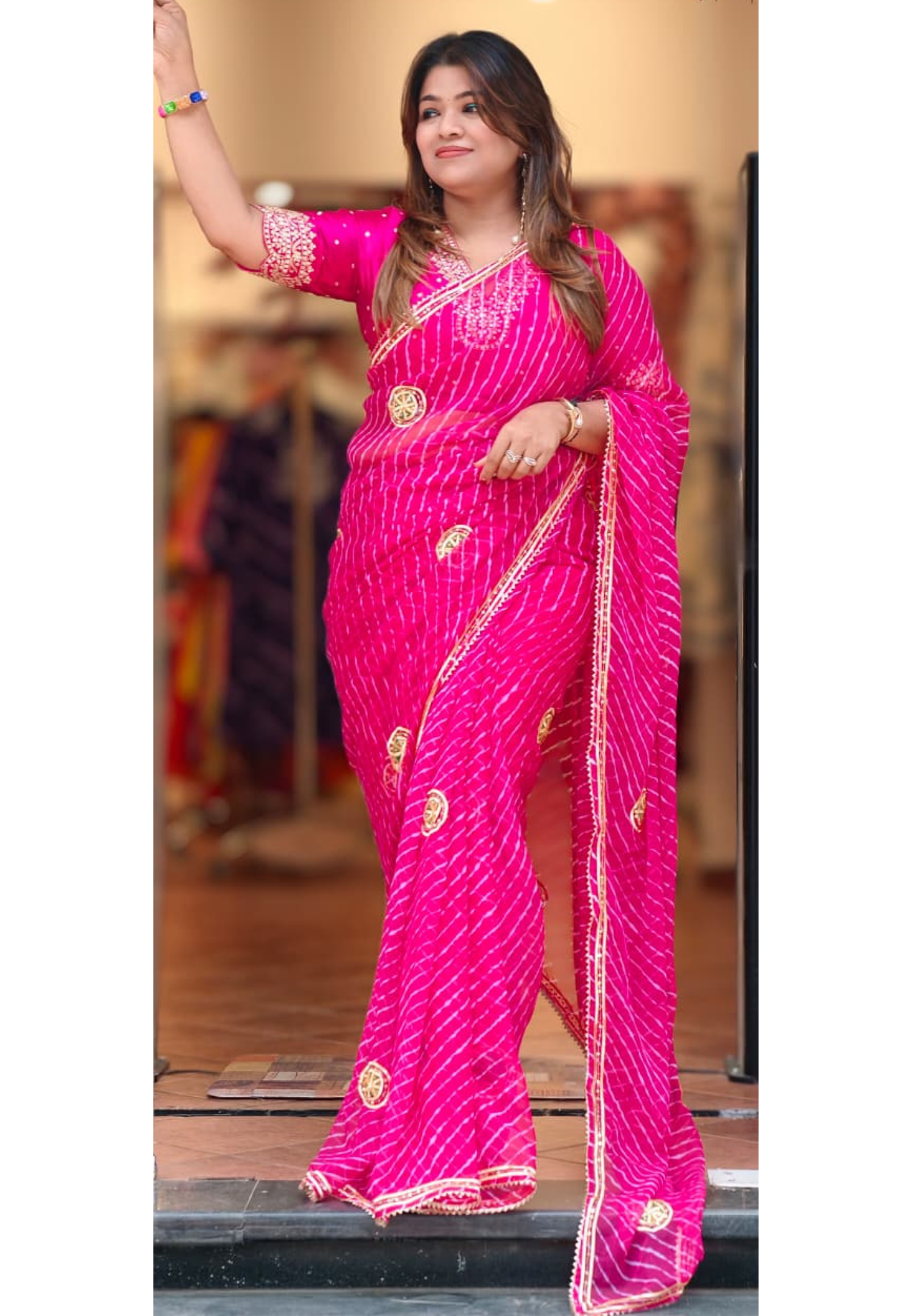 Gotta Patti Work With Sequin Elegance Lehriya Print Semi Georgette Saree With Unstitched Blouse- 15655