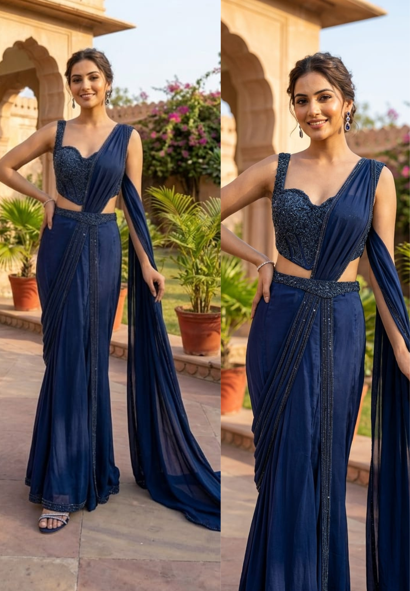 Midnight Royale Luxury Pre-Draped Saree With Slit with Heavy Handwork Corset Detailing-14870 Dispatching After 30 days