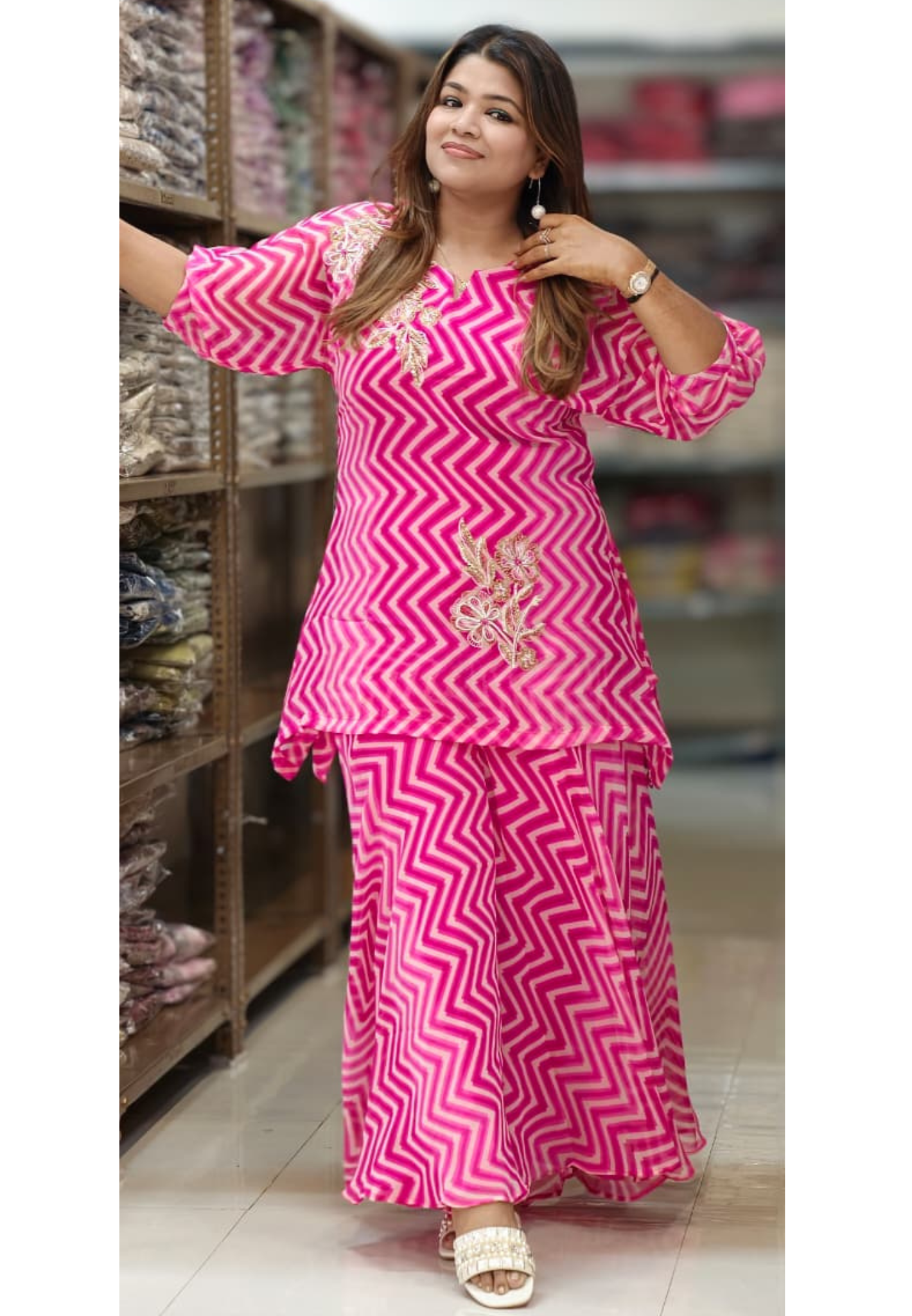 Zig-Zag Leheriya Print Peplum High & Low Top and Palazzo Set with Zardosi Floral Embroidery- 15428