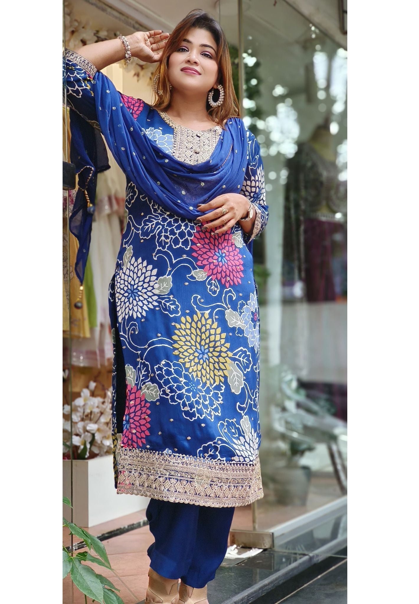 Beautiful Blue floral Embroidered Chinon  Full Suit Set With Dupatta Lean Fit -06004
