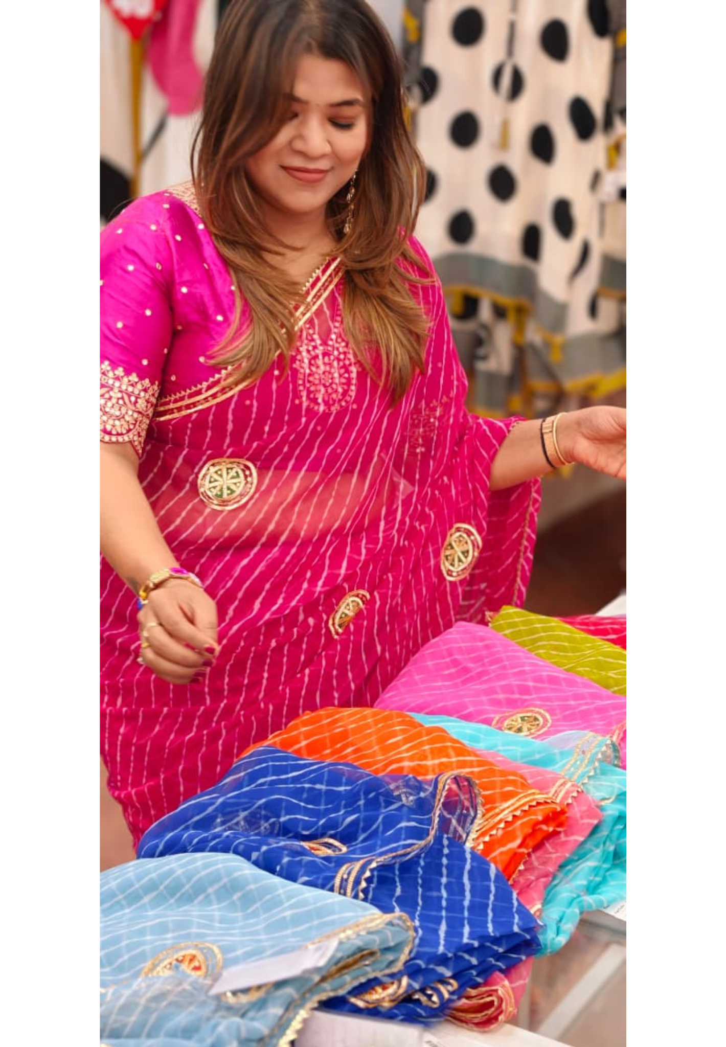 Gotta Patti Work With Sequin Elegance Lehriya Print Semi Georgette Saree With Unstitched Blouse- 15655