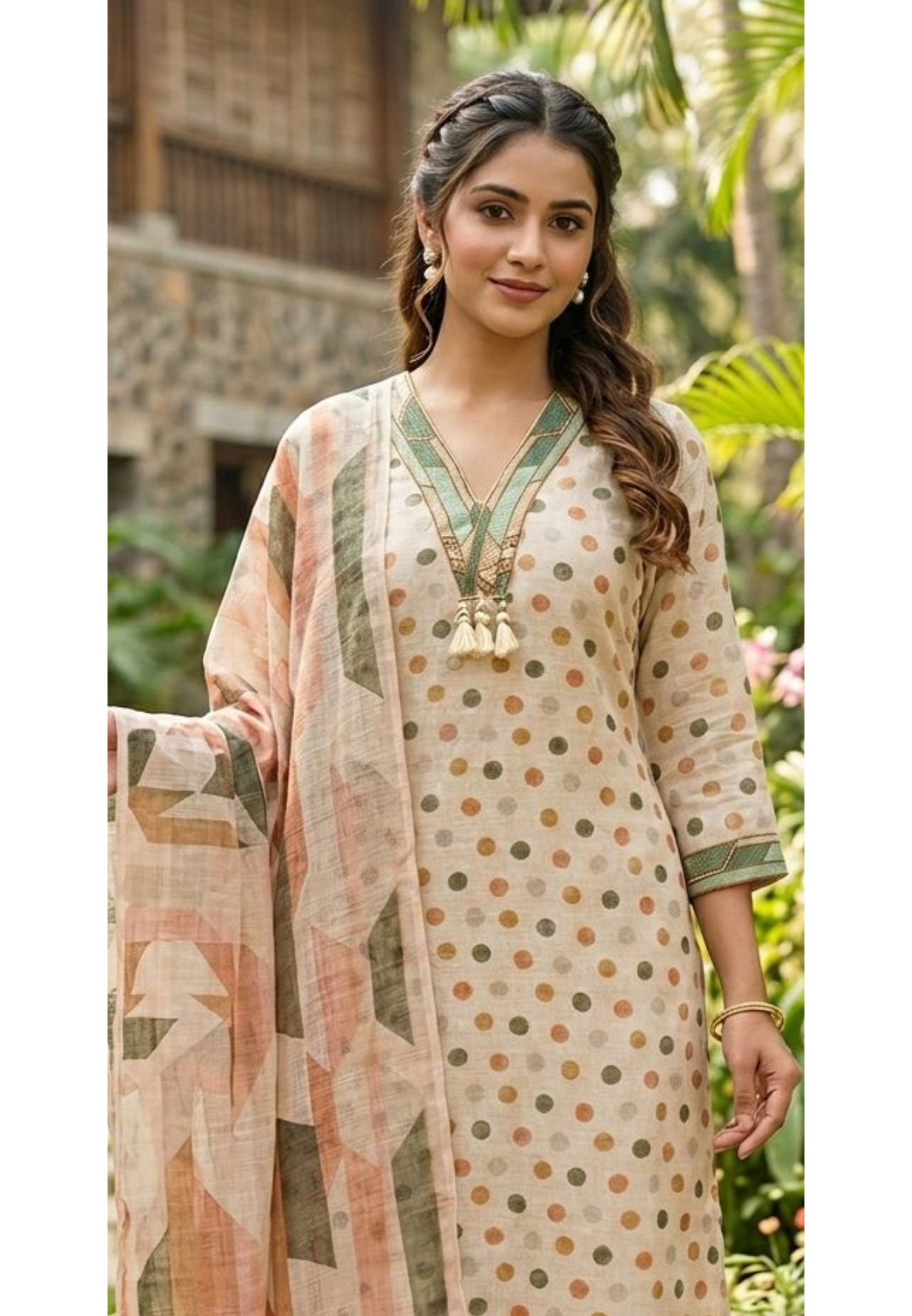 Polka Inspired Dotted Kodi Tassel V-Neck Full Suit Set With Dupatta In Checks Cotton Fabric- 13728