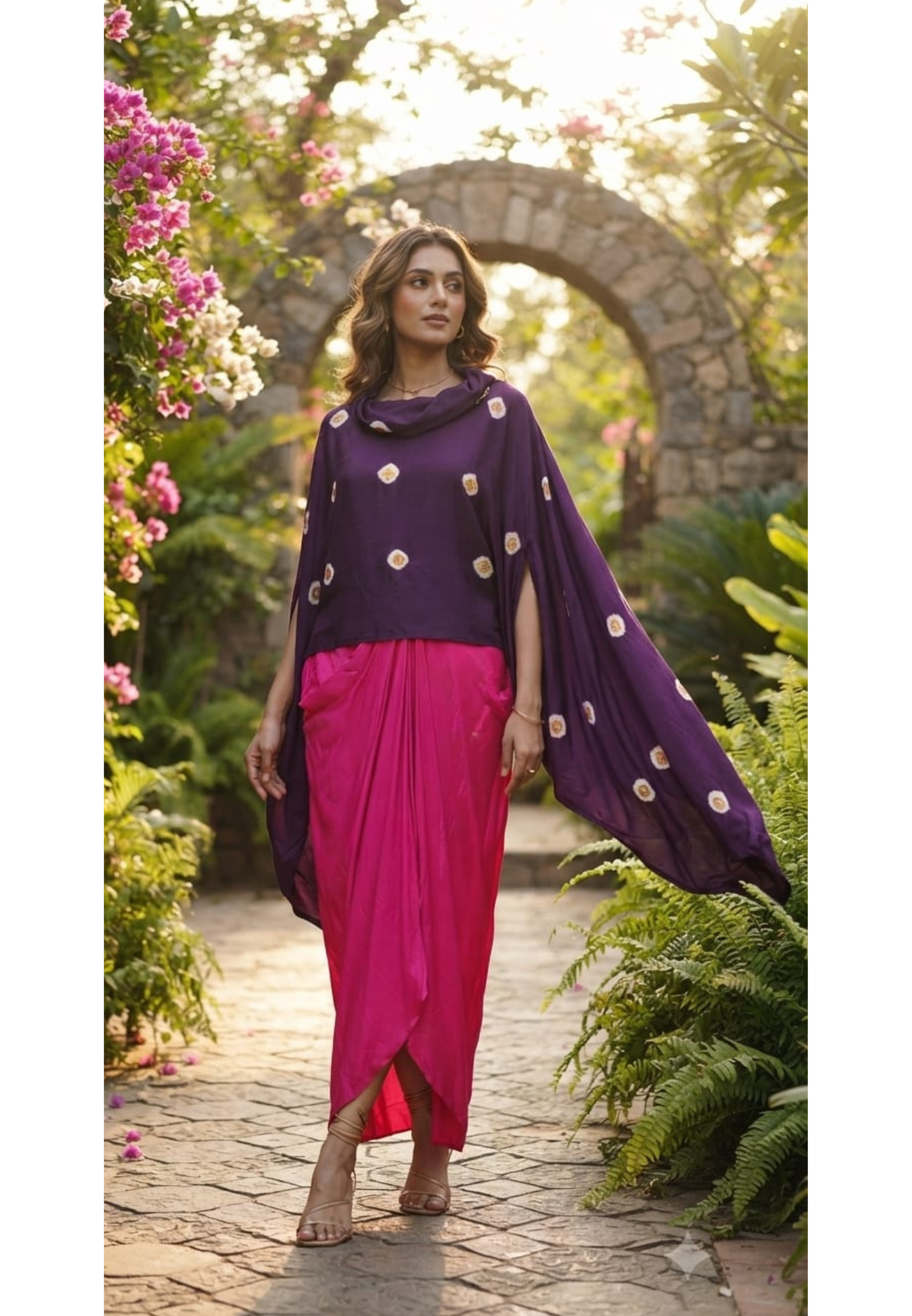 Purple Bandhani Print Cape Top with Fuchsia Pink Dhoti Skirt Bottom Modal Satin Indo-Wear- 14955