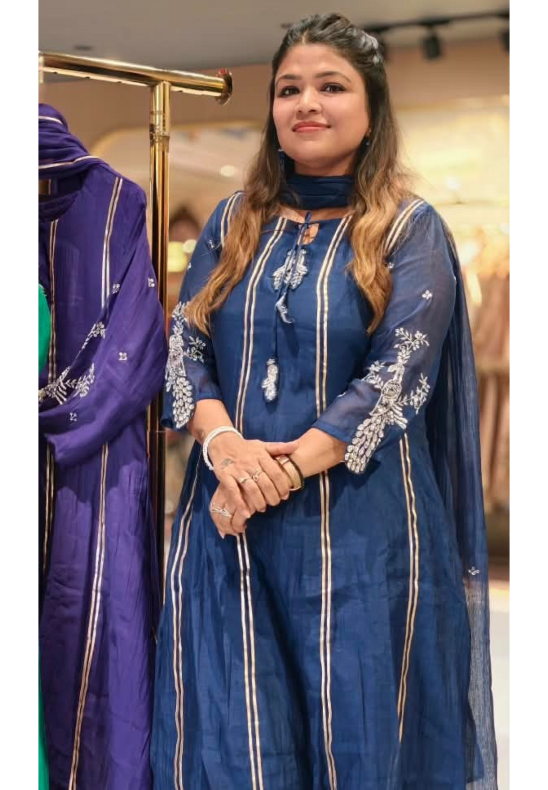 Gotta Patti Linear Panels Dangled Neckline A-Line Full Suit Set With Dupatta- 16886