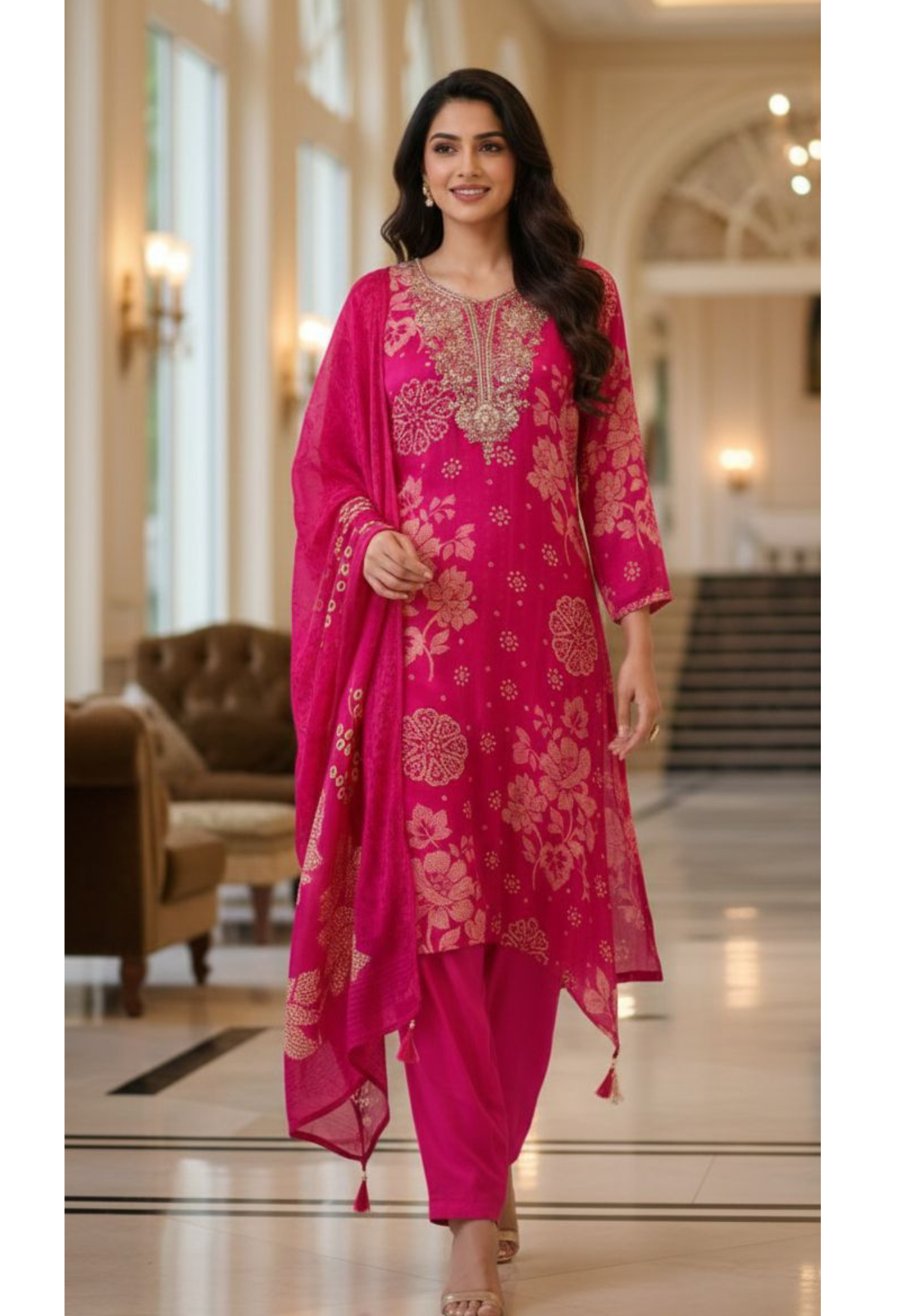 Beautiful Heavy Neck Work Floral Printed A-Line Full Suit Set With Dupatta In Chinon Fabric- 12961