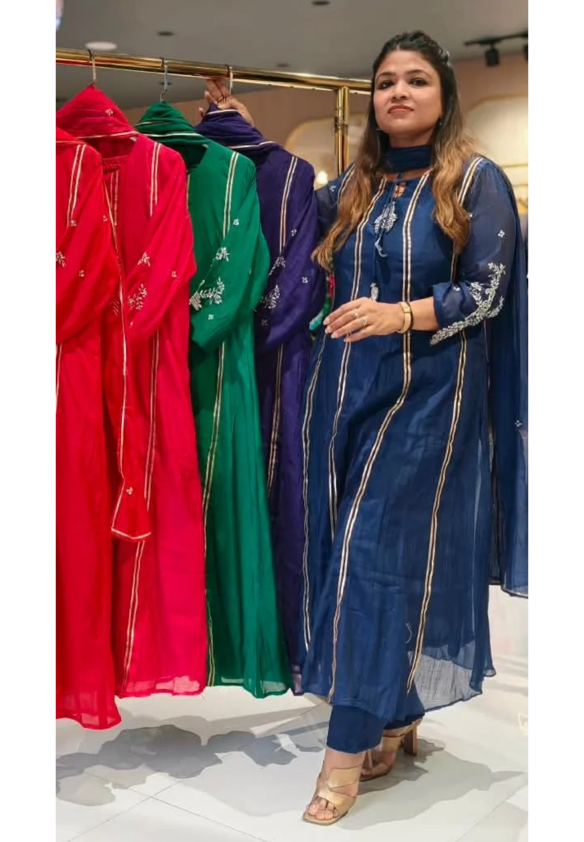 Gotta Patti Linear Panels Dangled Neckline A-Line Full Suit Set With Dupatta- 16886