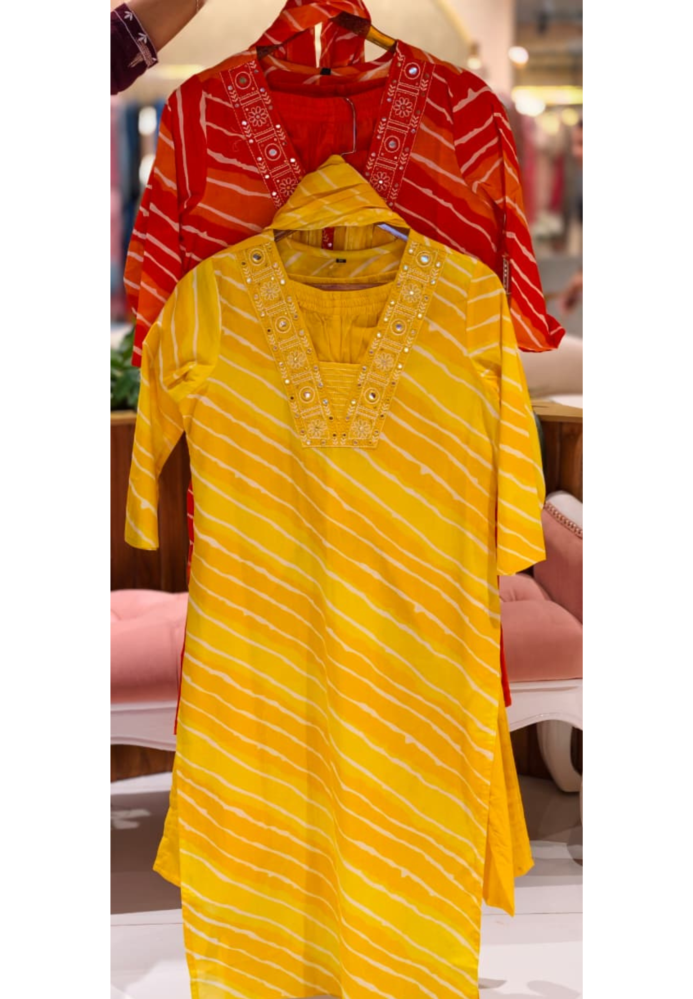 Rajasthani Boho Foil Mirror Thread Embroidery Neckline Lehriya Cotton Full Suit Set With Dupatta- 15670