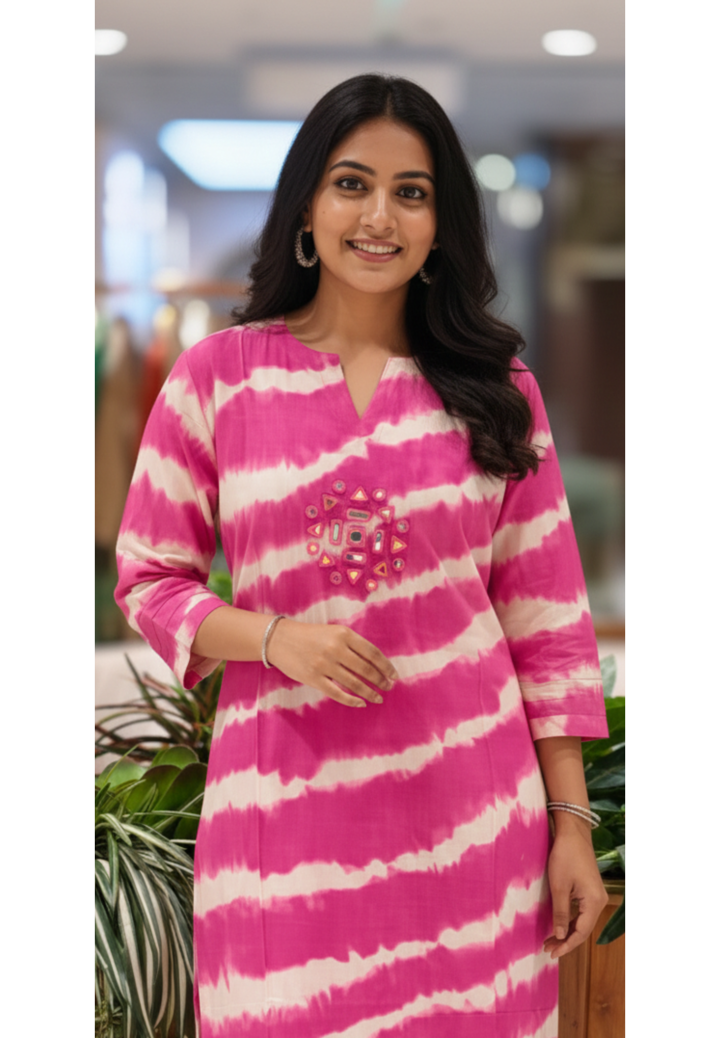 Real Mirror Embroidery Upwork Yoke Striking Striped Twin Color Cotton Kurti Only- 113524