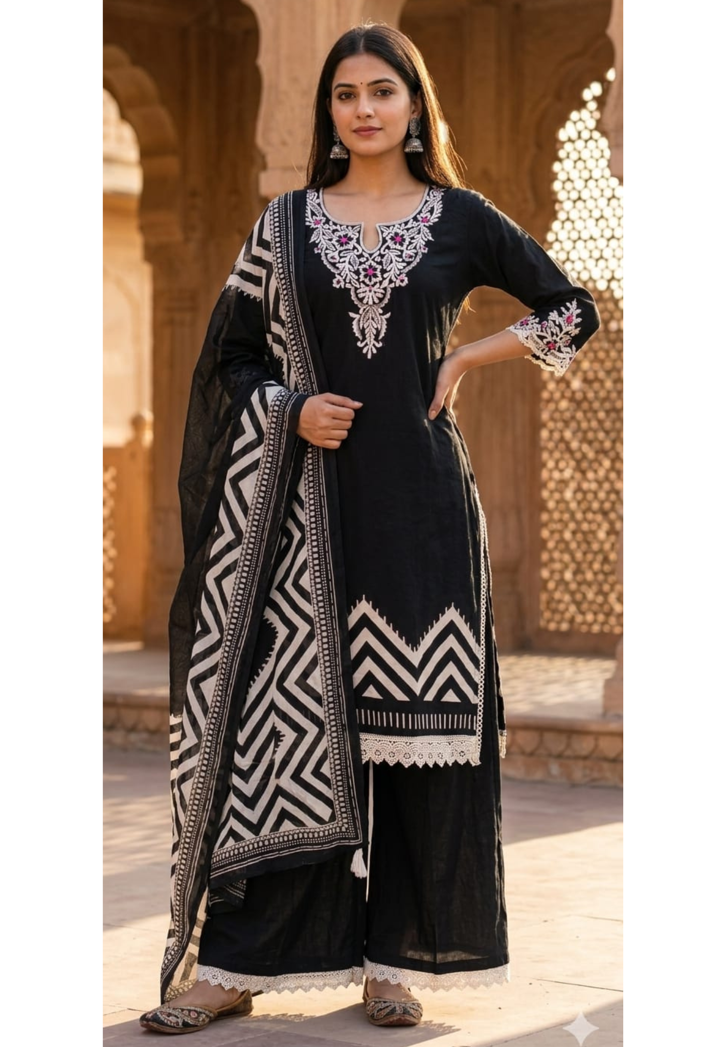 Fine Floral Embroidery Yoke With Striped Accent Cotton Full Suit Set With Dupatta- 14598