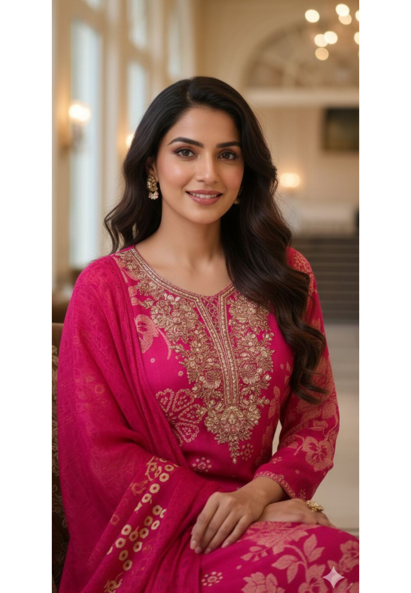 Beautiful Heavy Neck Work Floral Printed A-Line Full Suit Set With Dupatta In Chinon Fabric- 12961