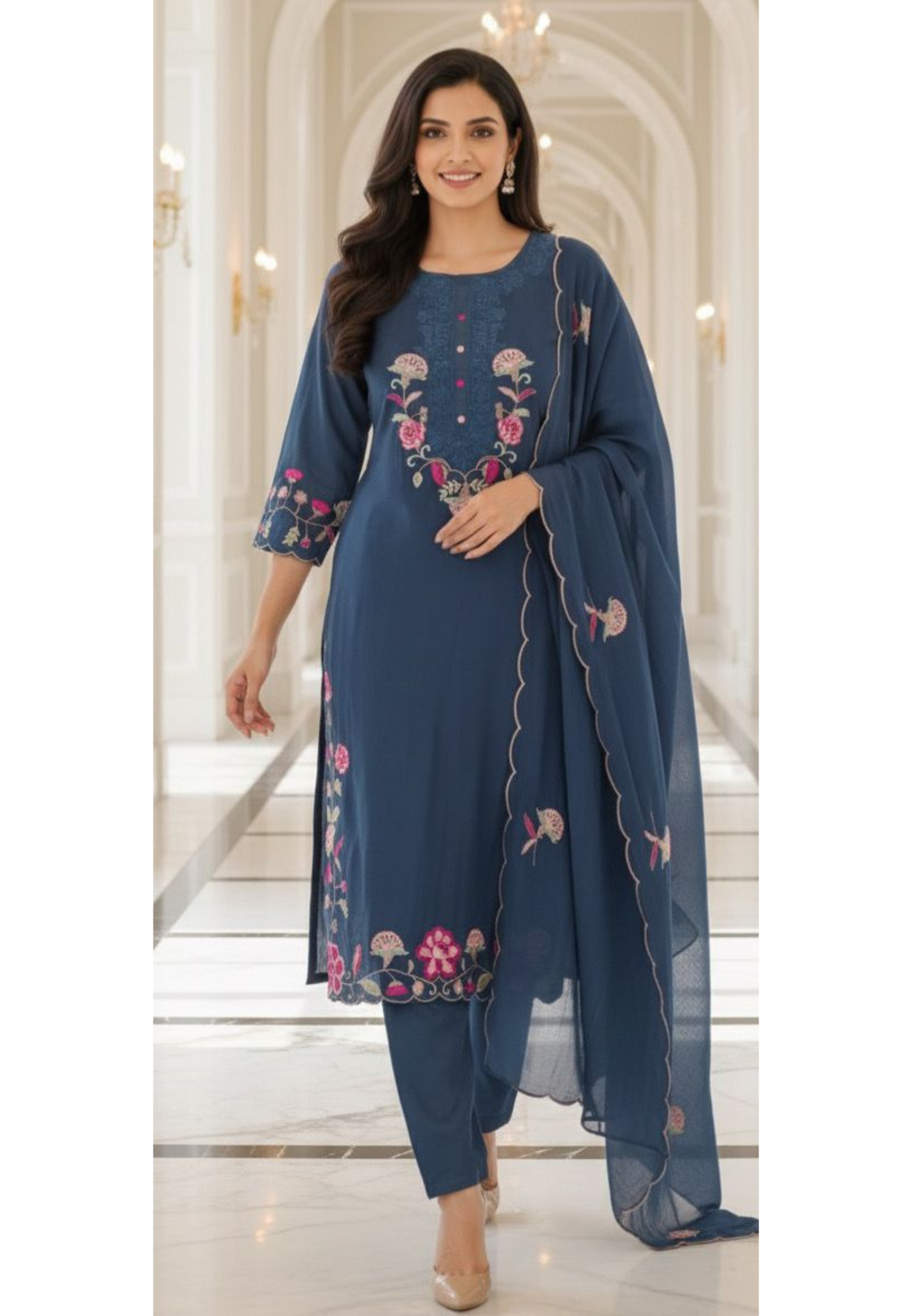 Surat Mulchanderi  Suit Set with Front Thread Embroidery, Floral Scallop Dupatta & Matching Bottom-12339,12338,12337