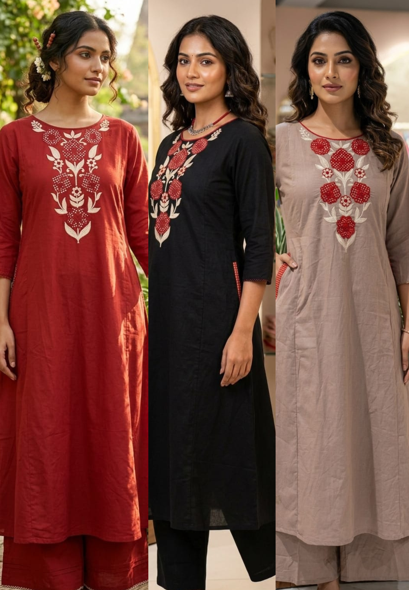 Floral Yoke Thread Embroidered A-Line Cotton Kurta Pant Set With Side Pockets- 13714