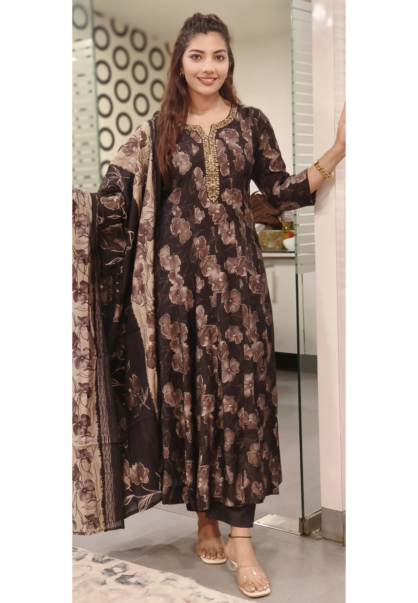 Floral Printed Beautiful Chinon Anarkali Full Suit With Dupatta