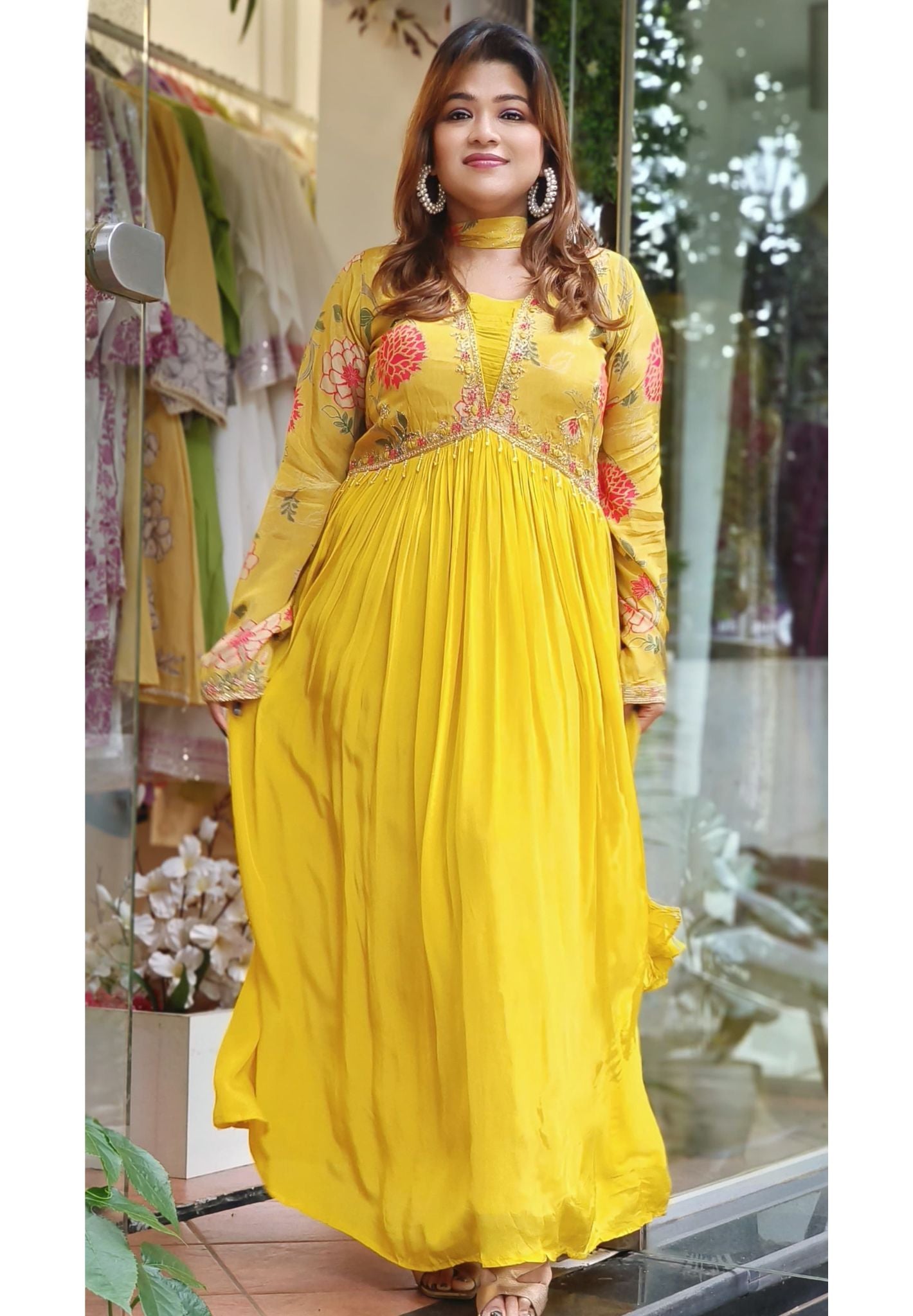 Floral Print Aliya cut Gown With choker dupatta DRY WASH-05995