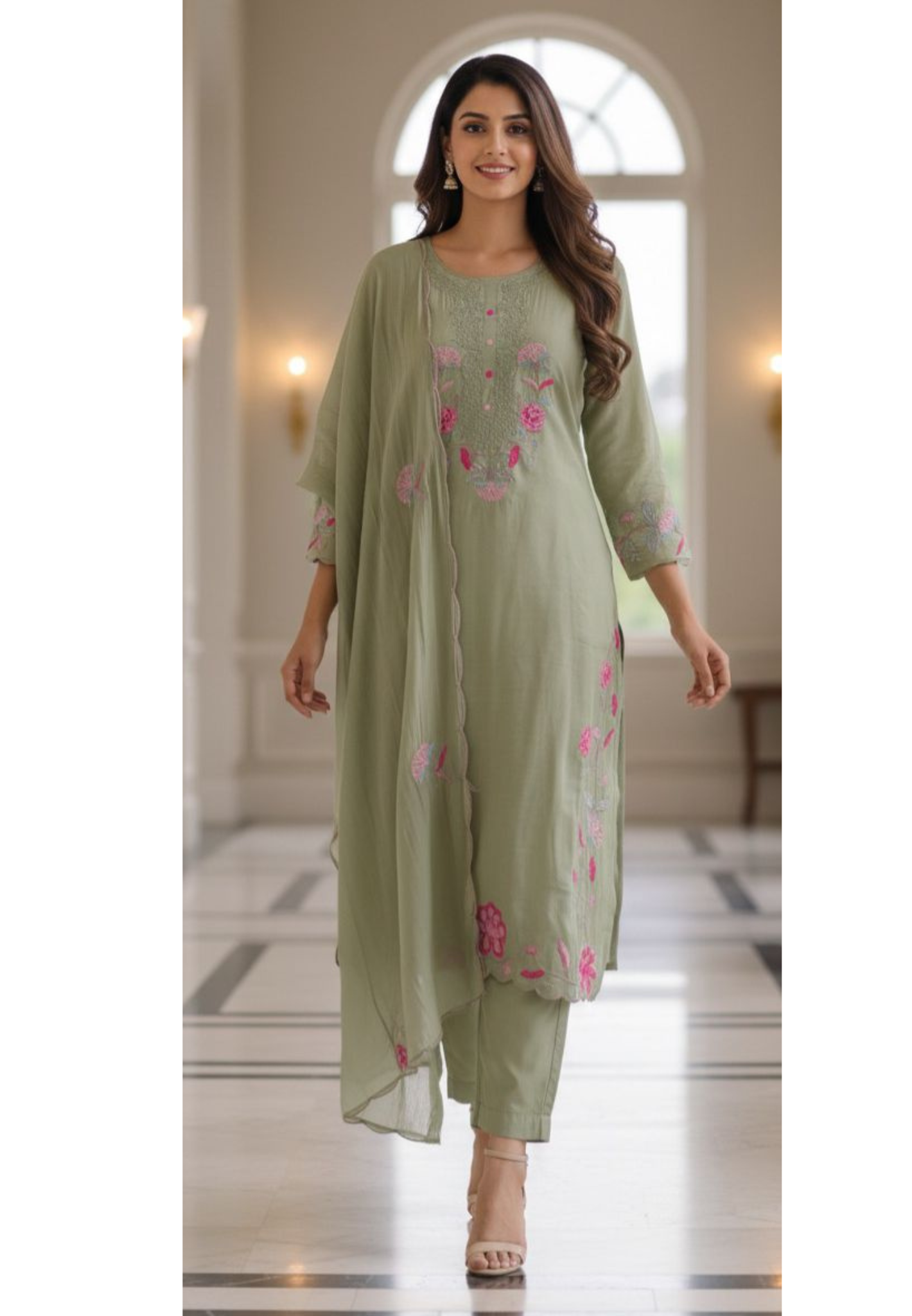 Surat Mulchanderi  Suit Set with Front Thread Embroidery, Floral Scallop Dupatta & Matching Bottom-12339,12338,12337