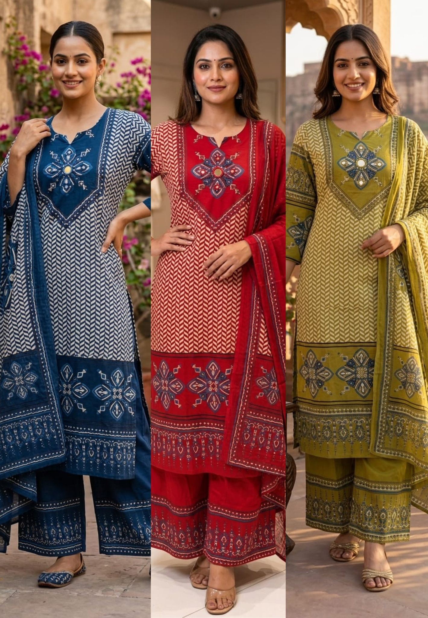 Geometric Chevron Print 3-Piece Cotton Full Suit Set with Mirror-Work Yoke- 14920