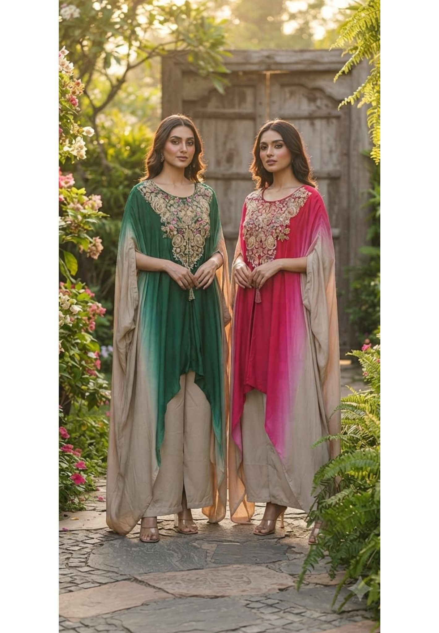 Grand Embroidered Multiple Stunning Ombre Kaftan Style Cape Kurta and Palazzo Fusion Modal Satin Indo Wear- 14953