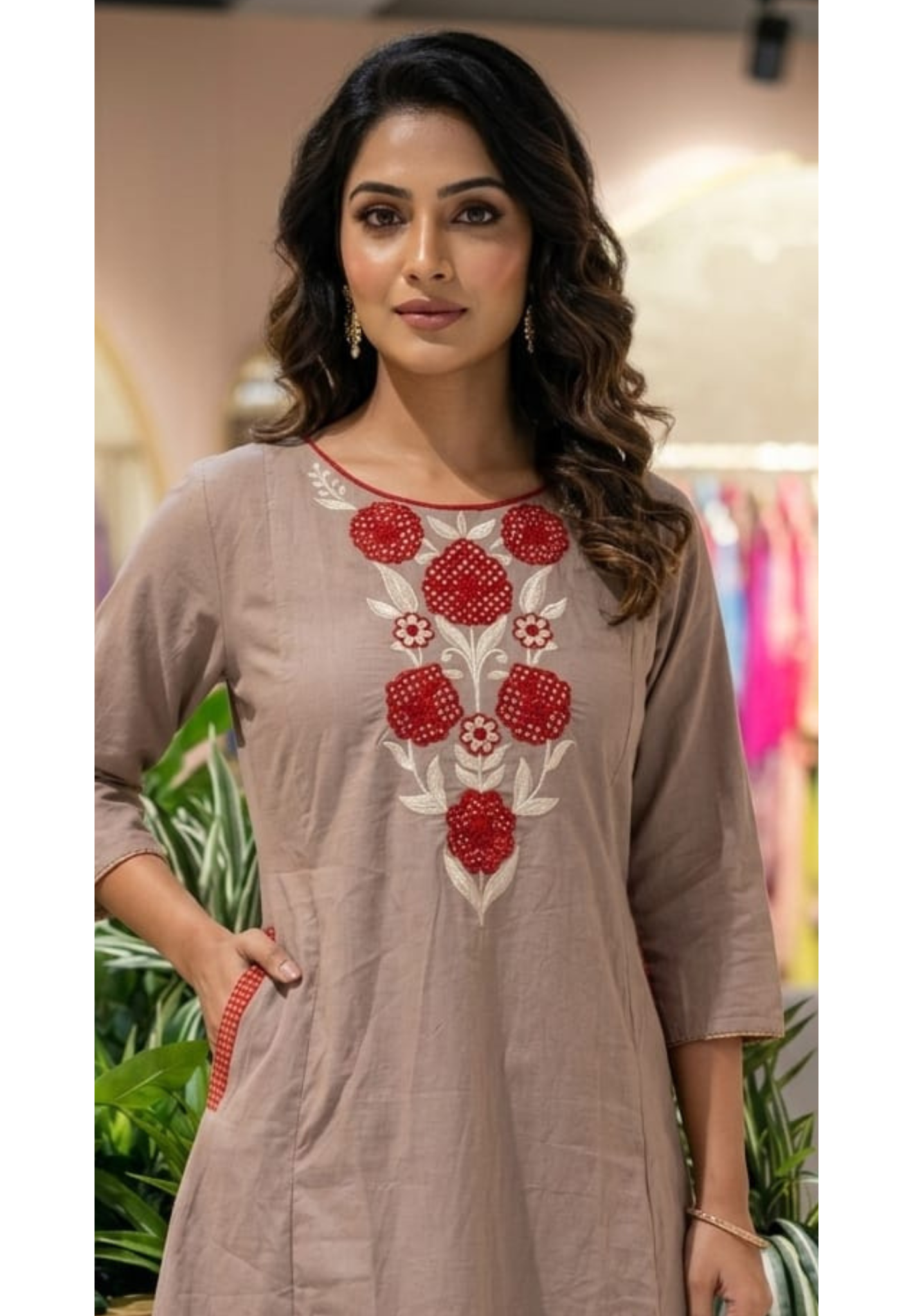 Floral Yoke Thread Embroidered A-Line Cotton Kurta Pant Set With Side Pockets- 13714