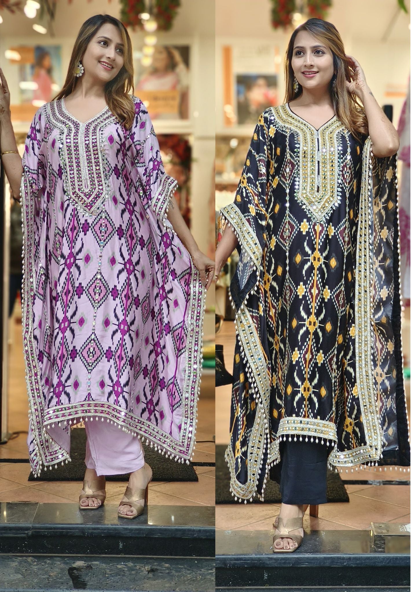 Party Wear Real Mirror Satin Silk Embroidered Ikkat Print Kaftan With Pants DRY WASH ONLY-06069