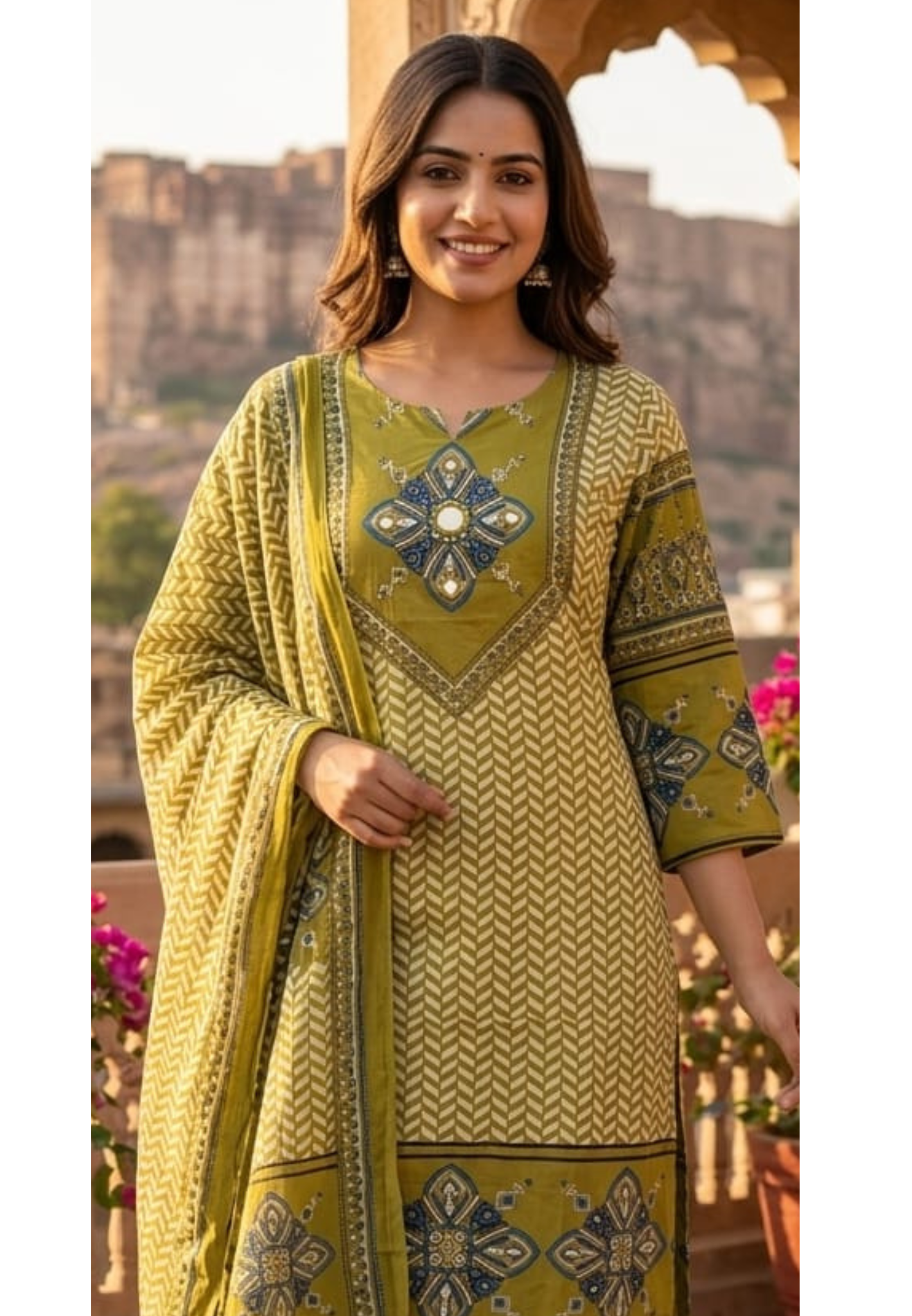 Geometric Chevron Print 3-Piece Cotton Full Suit Set with Mirror-Work Yoke- 14920