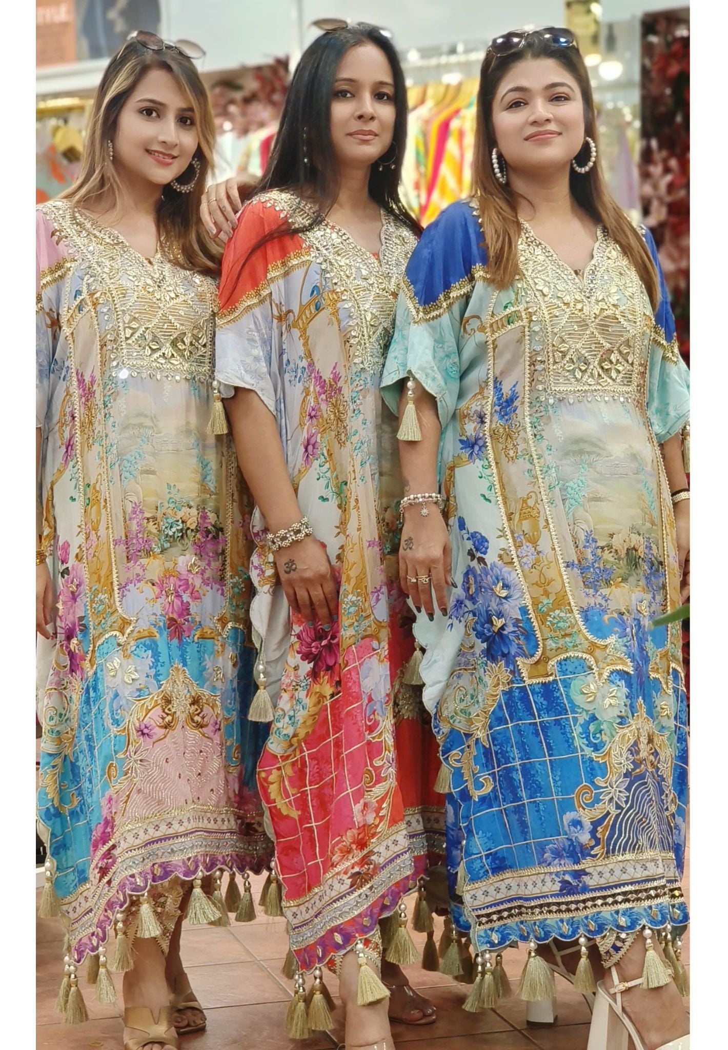 Floral Print Crape Gotta Embroidered Work Party Wear Kaftan Top With Tulip Pants DRY WASH ONLY-