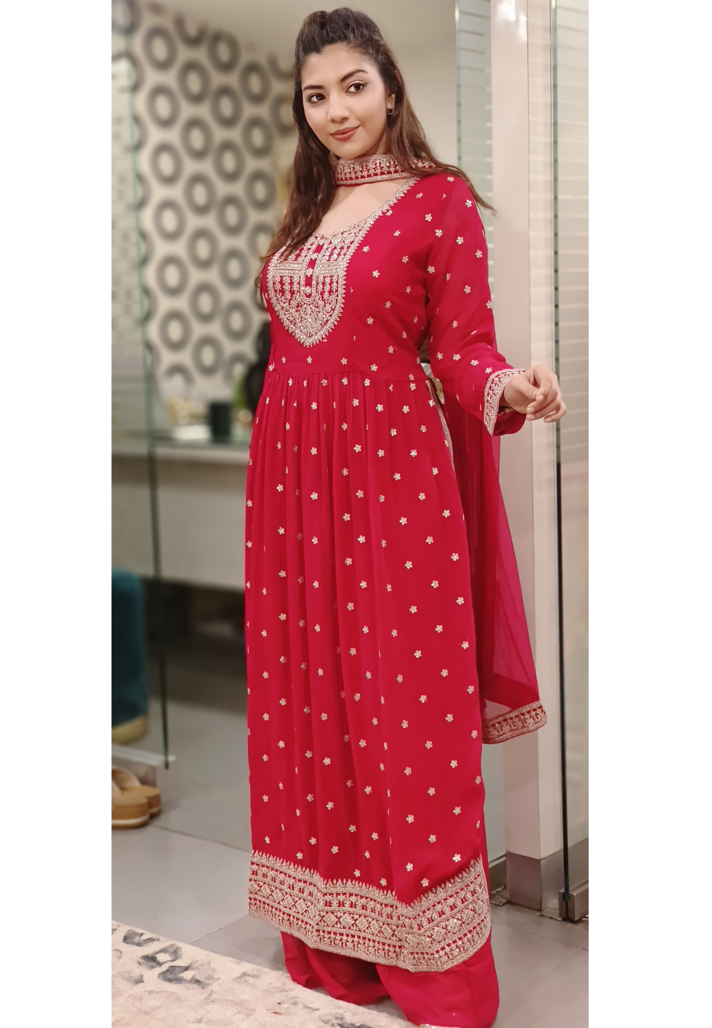 Soft georgette Tara Embroidered Nyra Cut Kurta with loose palazzo pants and Soft netted Dupatta