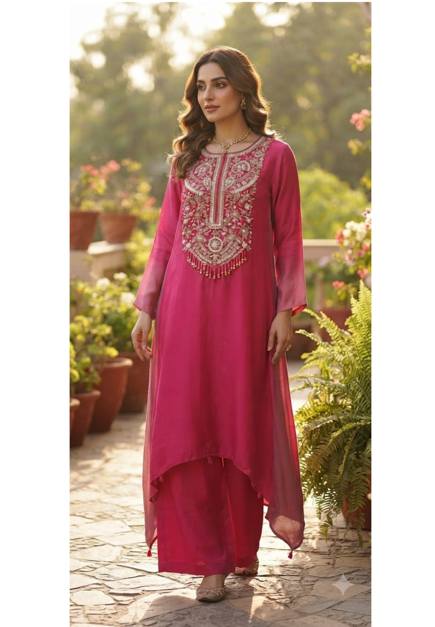 Magenta Pink Hand Embroidered Yoke High-Low Kurta With Wide-Leg Palazzo Set In Modal Satin Fabric- 14958