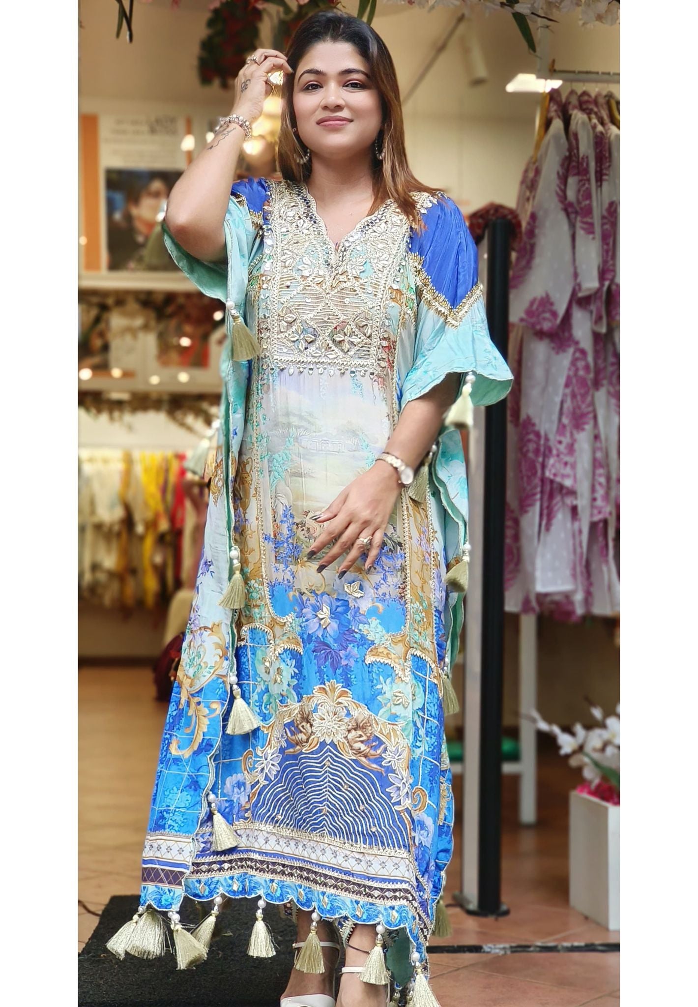 Floral Print Crape Gotta Embroidered Work Party Wear Kaftan Top With Tulip Pants DRY WASH ONLY-