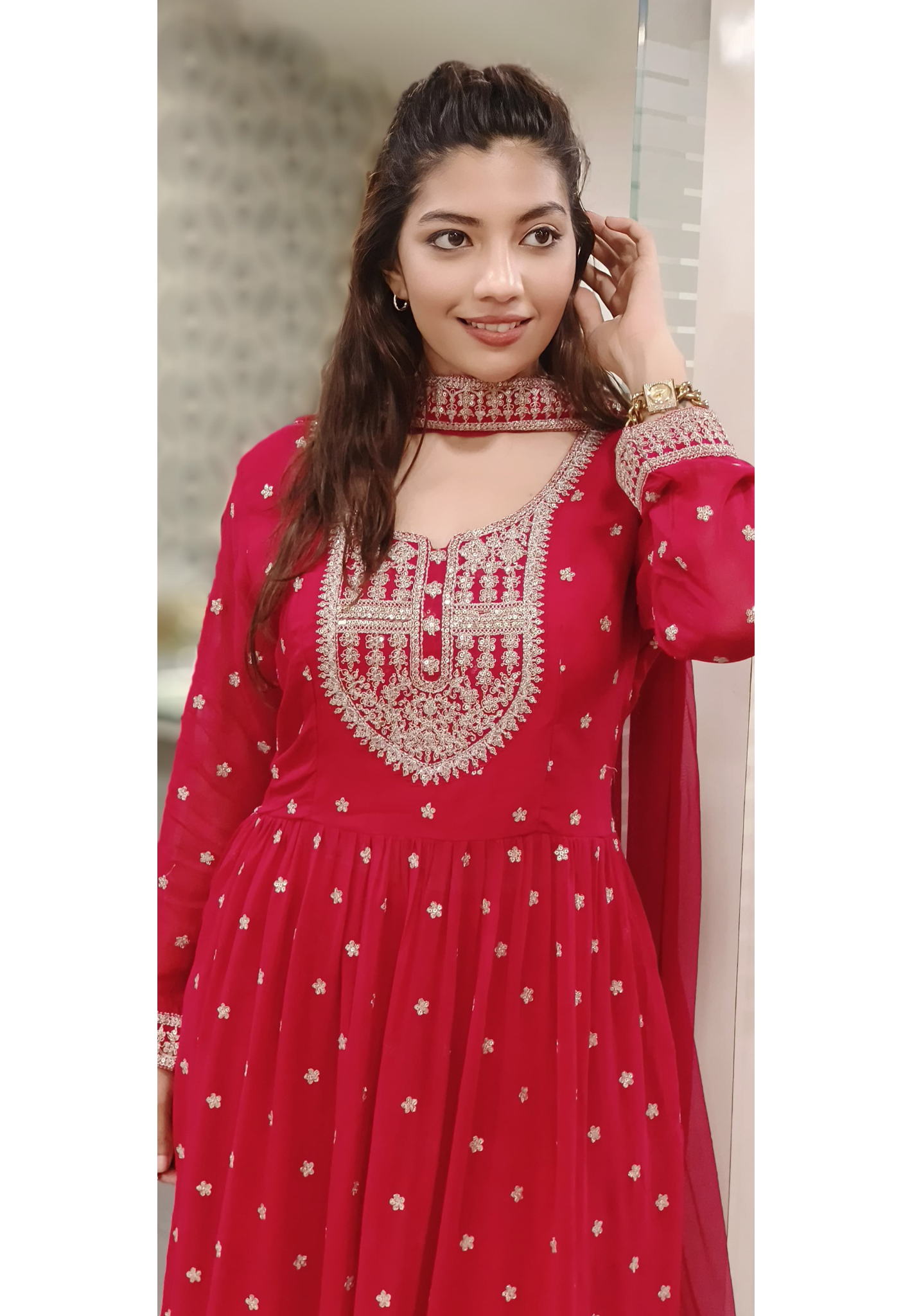 Soft georgette Tara Embroidered Nyra Cut Kurta with loose palazzo pants and Soft netted Dupatta