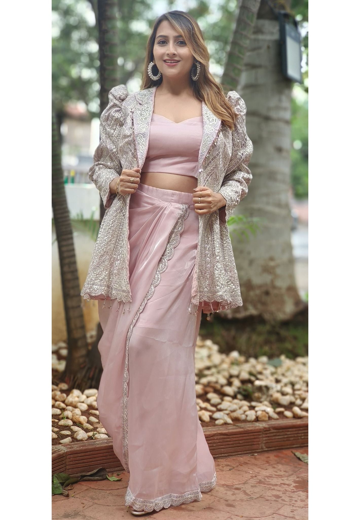 Party Wear Embroidered Jacket Indo-western Outfit With Crop Top And Tissue Dhoti Skirt DRY WASH 0