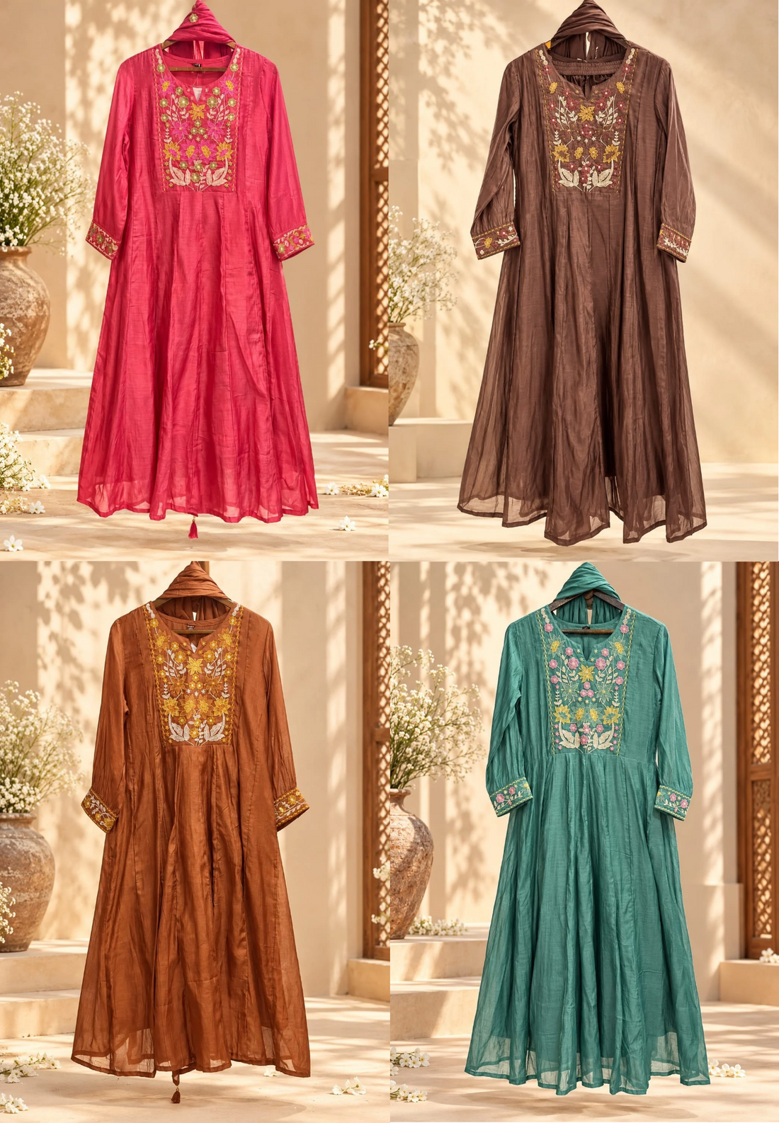 Graceful Floral Threadwork Over Yoke & Sleeve Surat Mul-Chanderi A-Line Full Suit Set with Dupatta- 16897