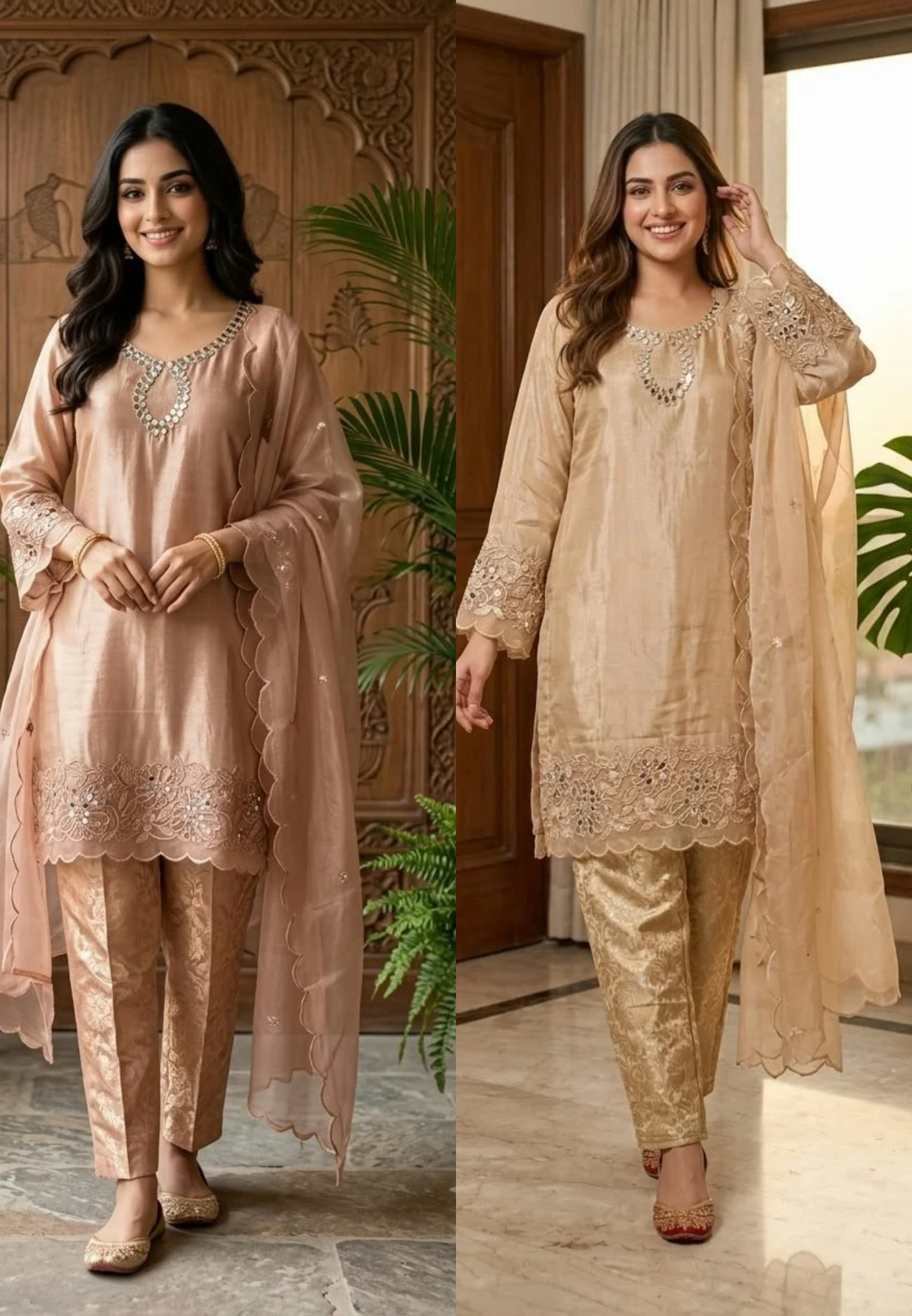 Beautiful Tissue fancy Sleeves Real mirror work Short kurta with Brocade Bottom And Dupatta 16835