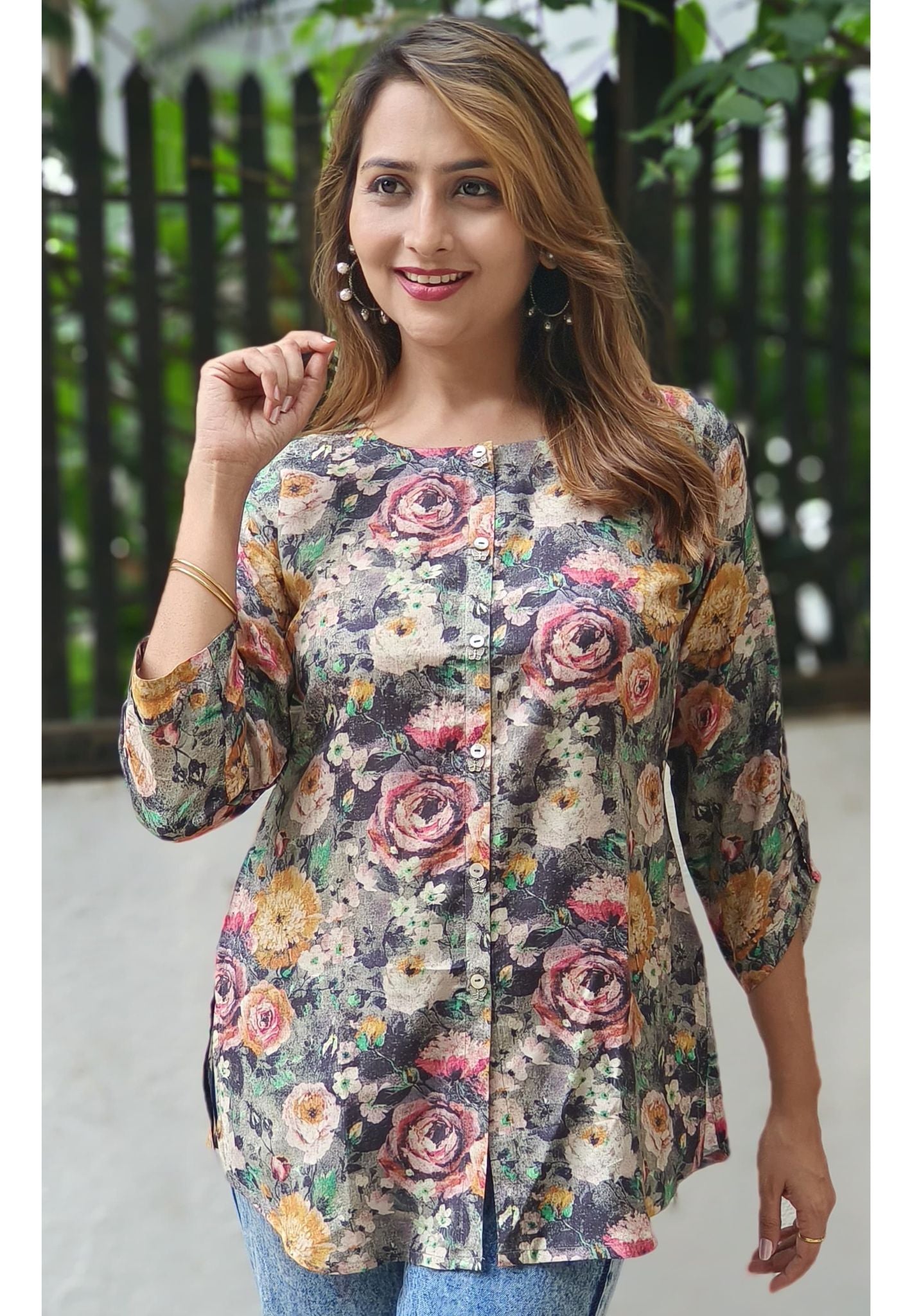 Muslin Floral Printed Round Neck Short Top -05728