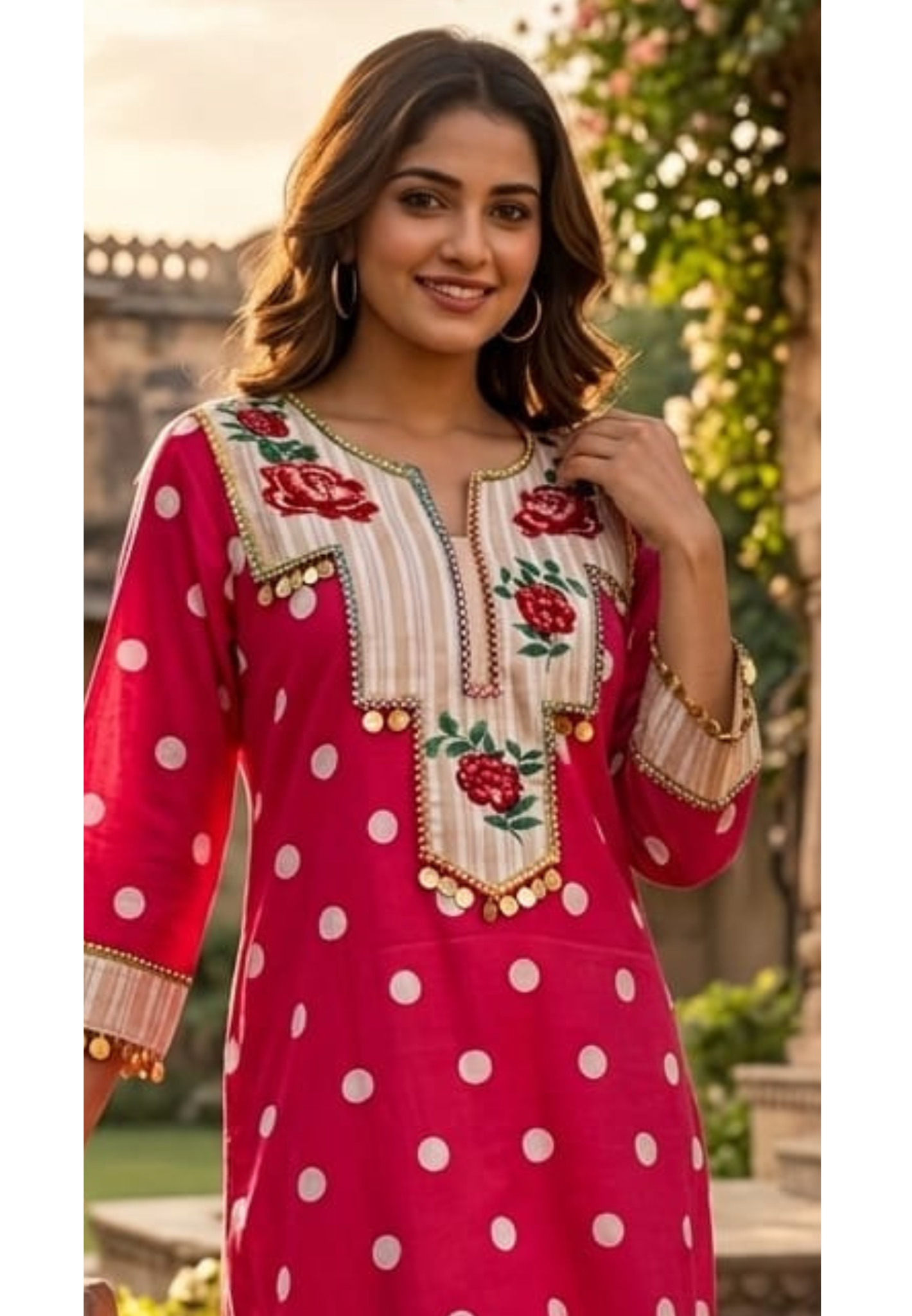 Boho Chic Vibrant Polka Dot Cotton Kurta Pant Set with Floral Patchwork- 14878