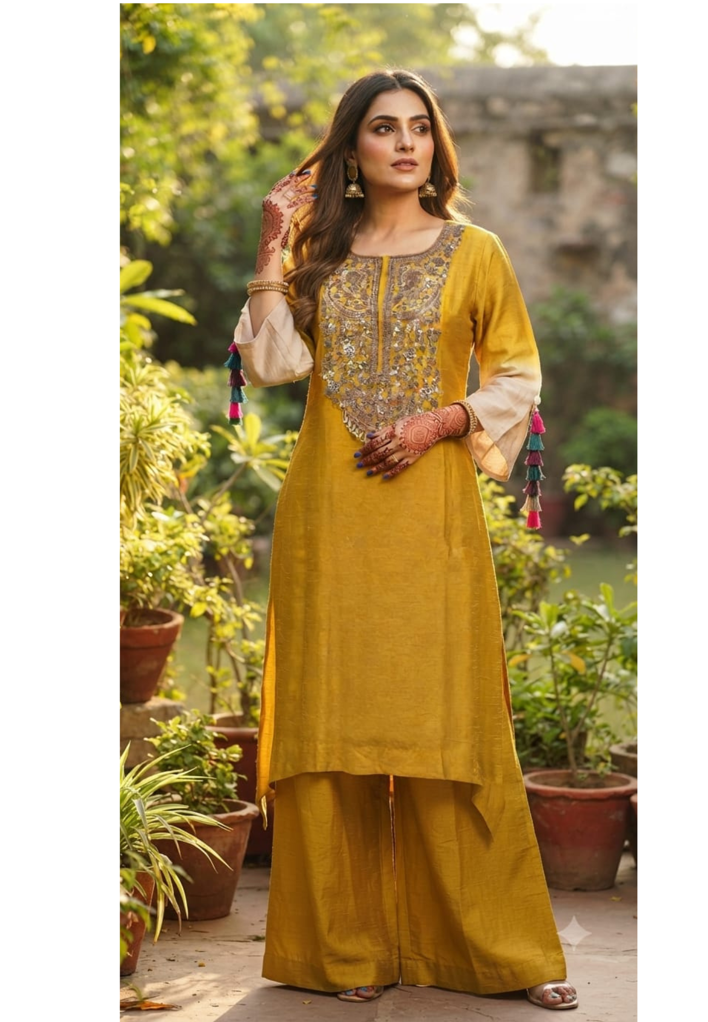 Mustard Yellow Embroidered Multi-Colored Hanging Tassels Long Kurta with Wide-Leg Palazzo Set- 13250