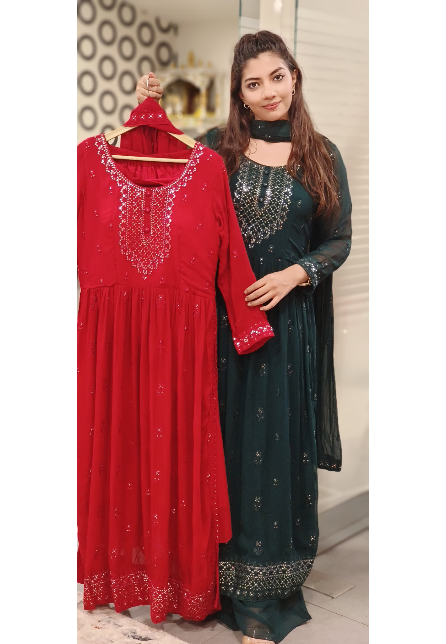 Foil Mirror Embroidered Georgette Nyra Cut Kurta with Loose Palazzo And Dupatta
