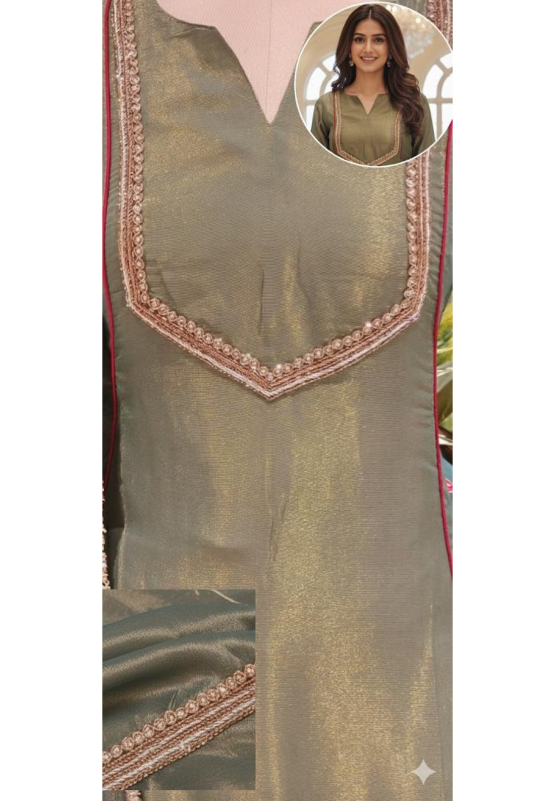 Very Minimal Suttle Work A-Line Full Suit Set With Golden Bordered Floral Dupatta In Tissue Fabric- 12549