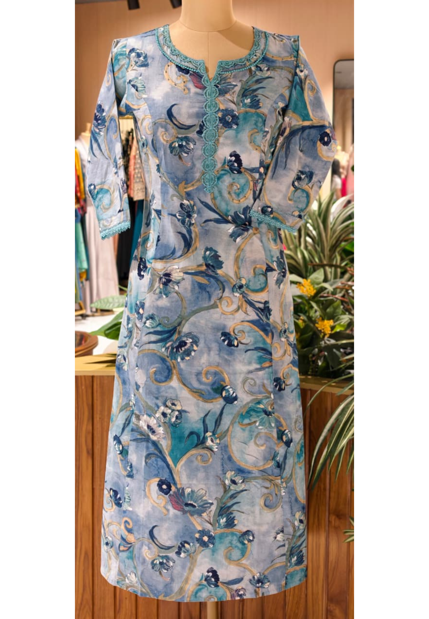 Aline Floral Textured Crosia Neck Line Cotton Kurti Only No Side Slit  (Slightly Lean Fit)