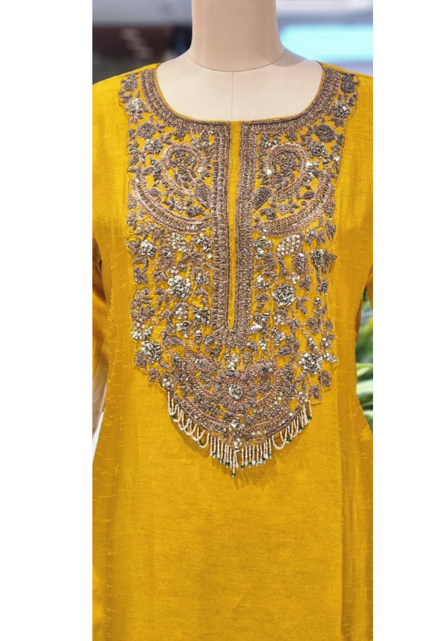 Mustard Yellow Embroidered Multi-Colored Hanging Tassels Long Kurta with Wide-Leg Palazzo Set- 13250