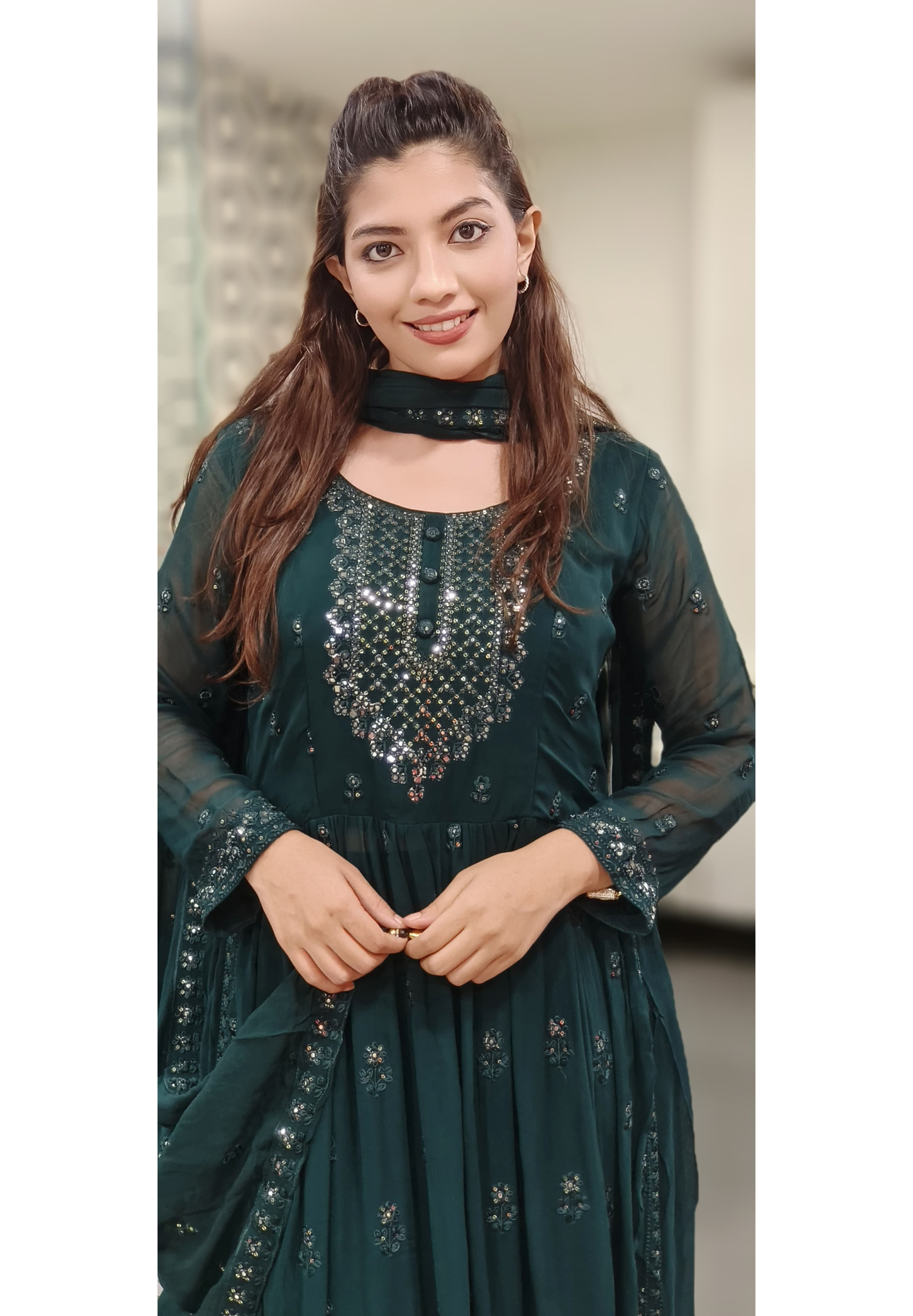 Foil Mirror Embroidered Georgette Nyra Cut Kurta with Loose Palazzo And Dupatta