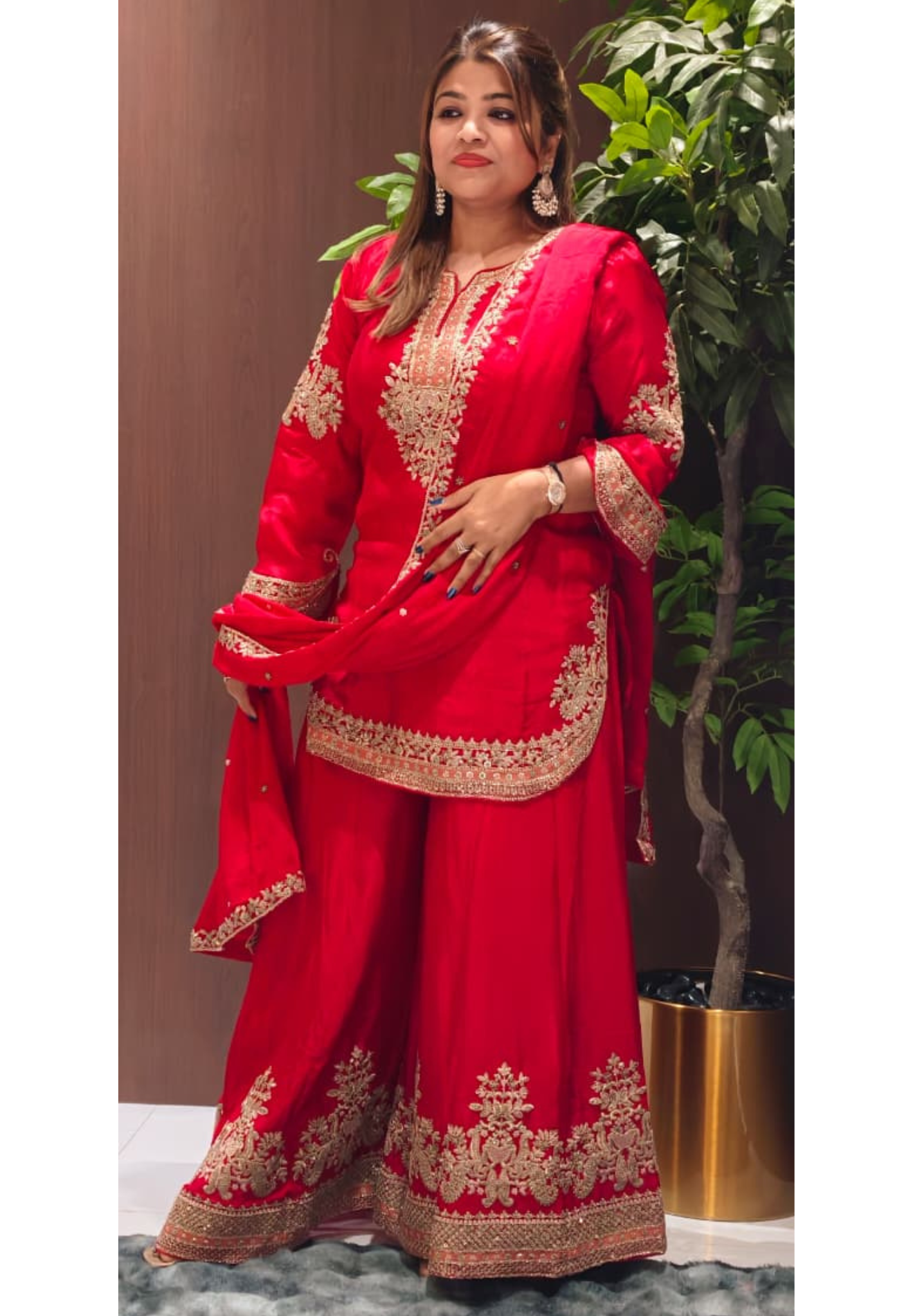 Crimson Vibrant Zardosi Work Party Wear Palazzo Full Suit Set With Dupatta In Chinon Fabric-14033 RB127